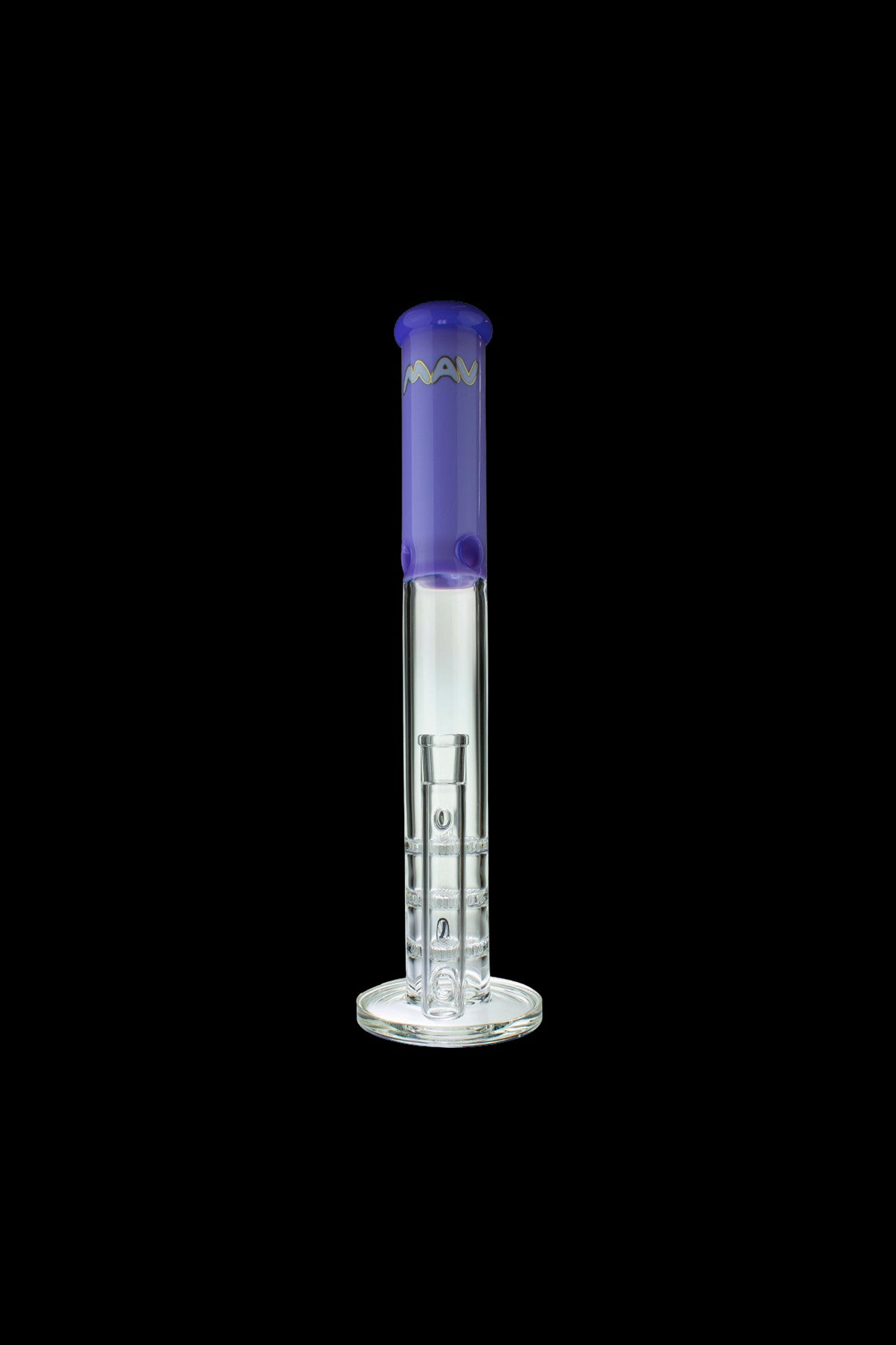 Glass bong with blue accents against a black background.