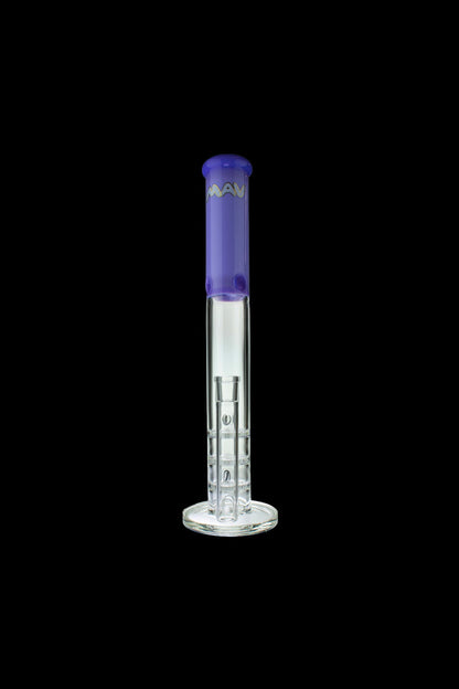 Glass bong with blue accents against a black background.