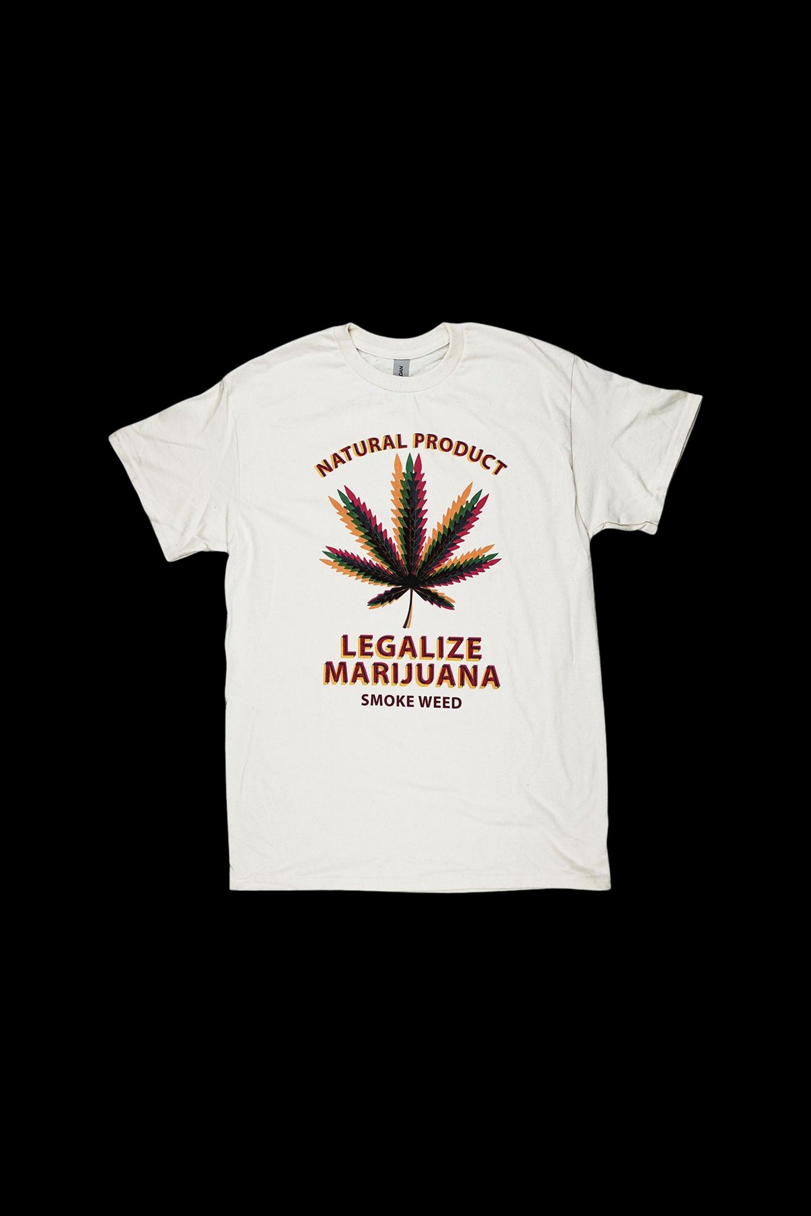 Cream t-shirt with a graphic of a cannabis leaf and the text "Natural Product, Legalize Marijuana, Smoke Weed".
