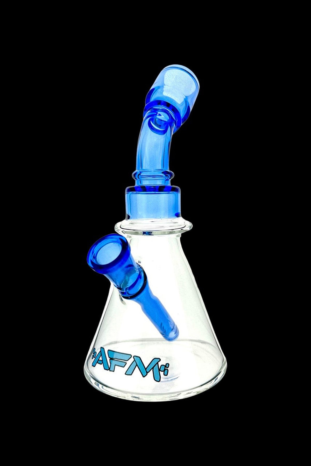 Blue glass bubbler water pipe with “AFM” logo.
