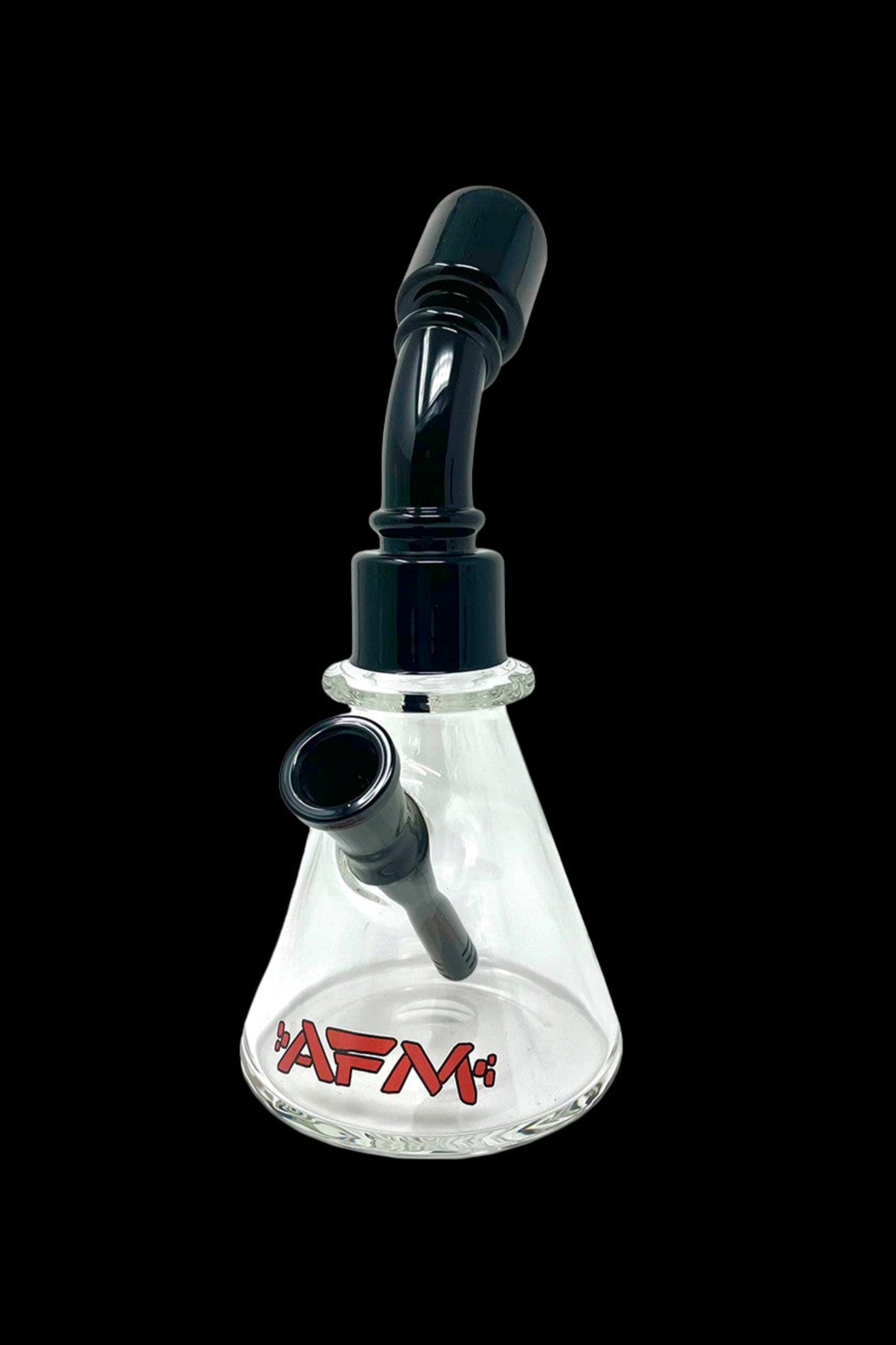 Clear glass water pipe (“rig”) with black accents and a branded logo.