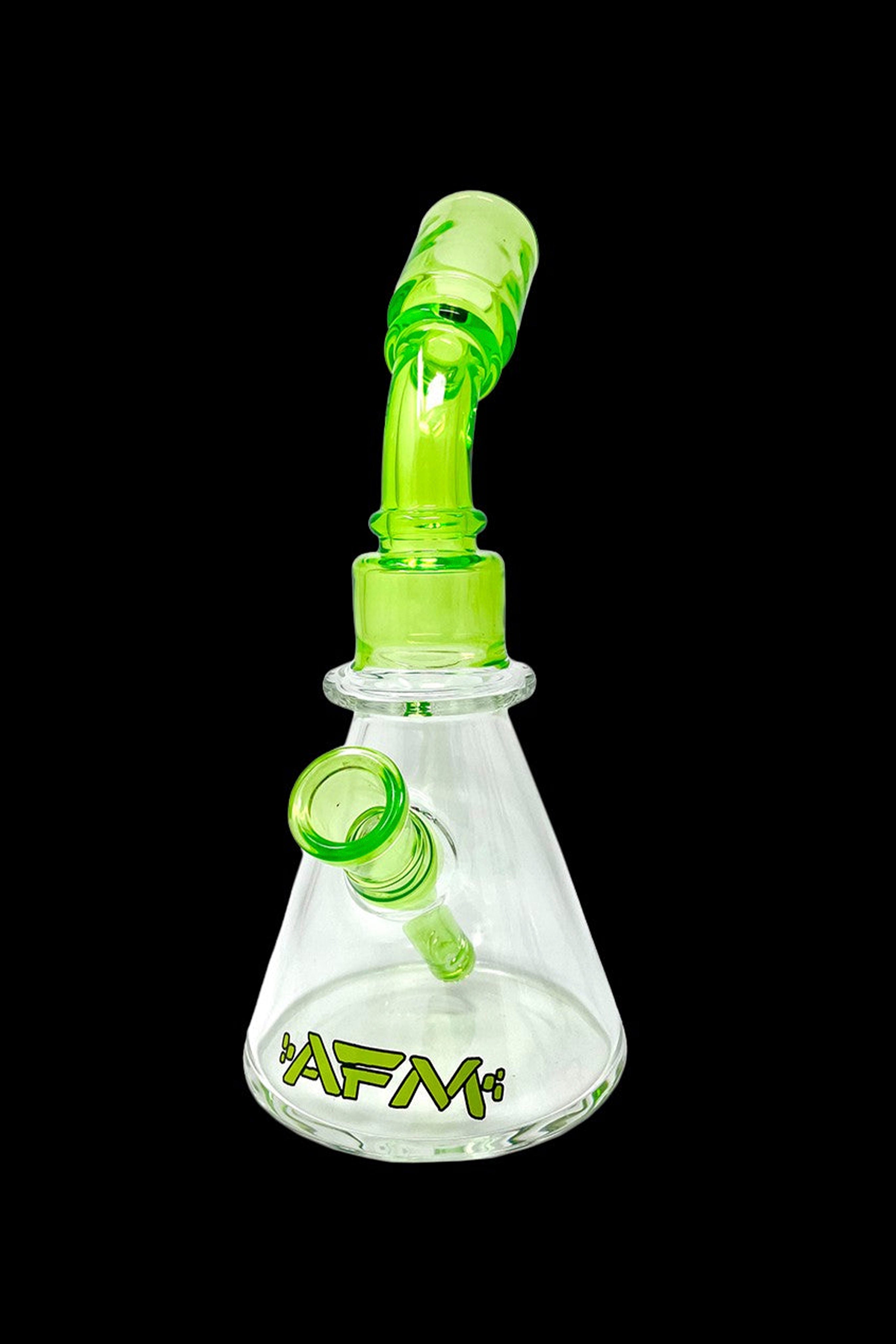 Green glass water pipe with a flared base and ice catcher.