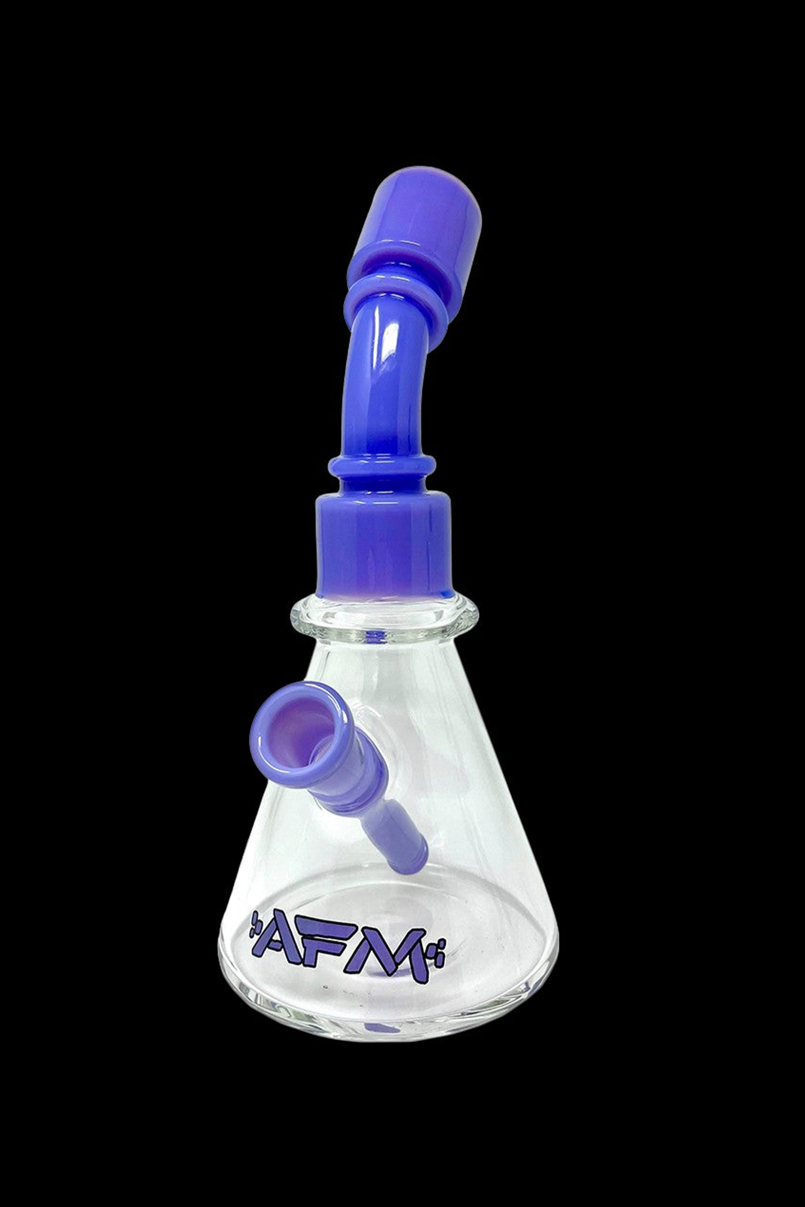 Purple and clear glass water pipe with “AFM” logo.