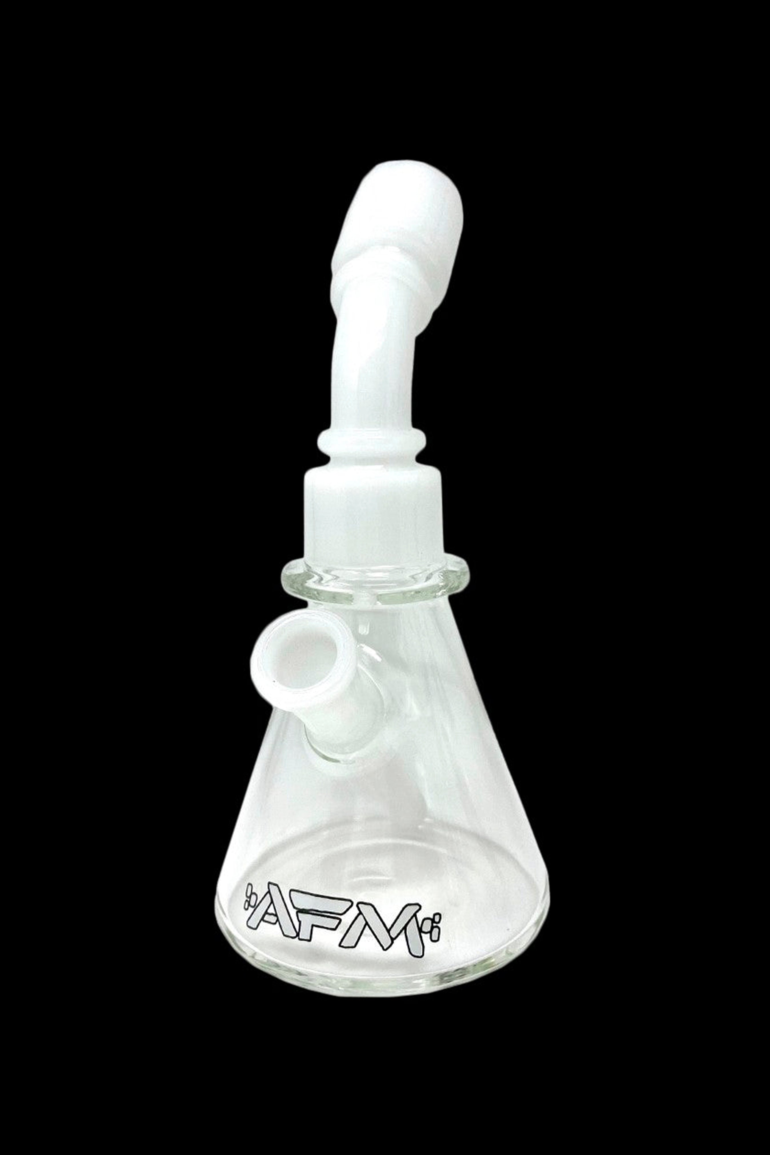 Clear glass bubbler water pipe with ice catch and branded logo.
