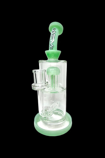 Frosted green glass water pipe (bong) with intricate percolators.