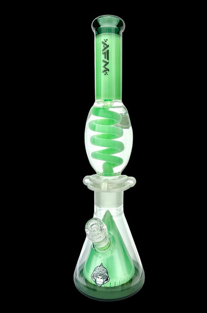 Green glass water pipe (bong) with swirling white accents and cannabis leaf design.