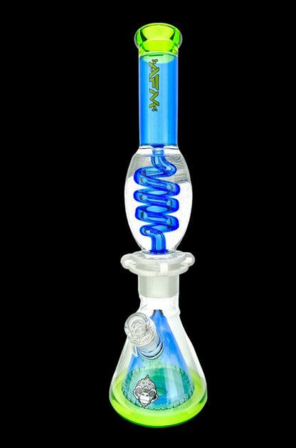 Green and blue glass water pipe (bong) with intricate swirling design and logo.