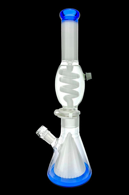 Blue-rimmed glass bong with percolators, isolated on a black background.