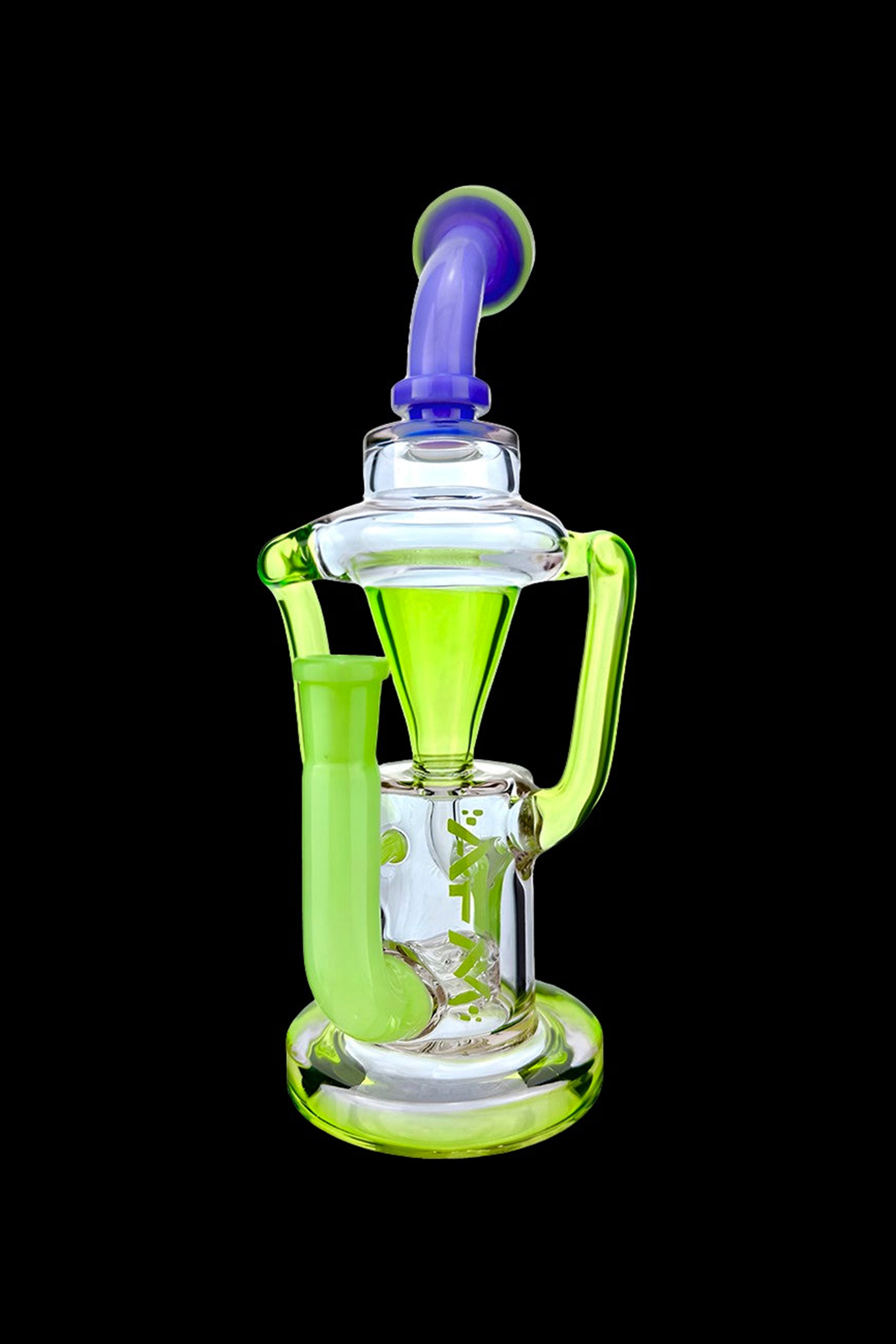 Green glass water pipe (rig) with blue accents and intricate bubbler design.