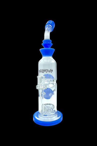 Blue glass water pipe (rig) with percolators, isolated on a black background.