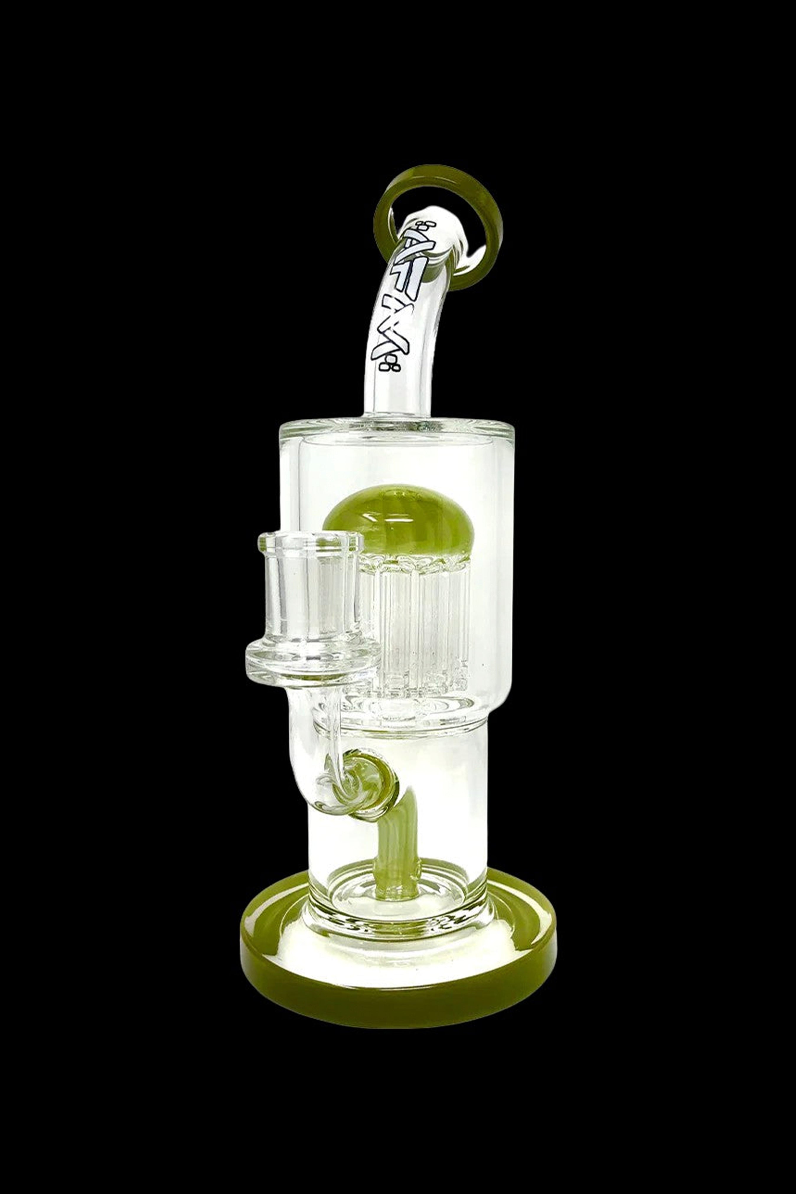 Green glass bubbler water pipe for cannabis use.