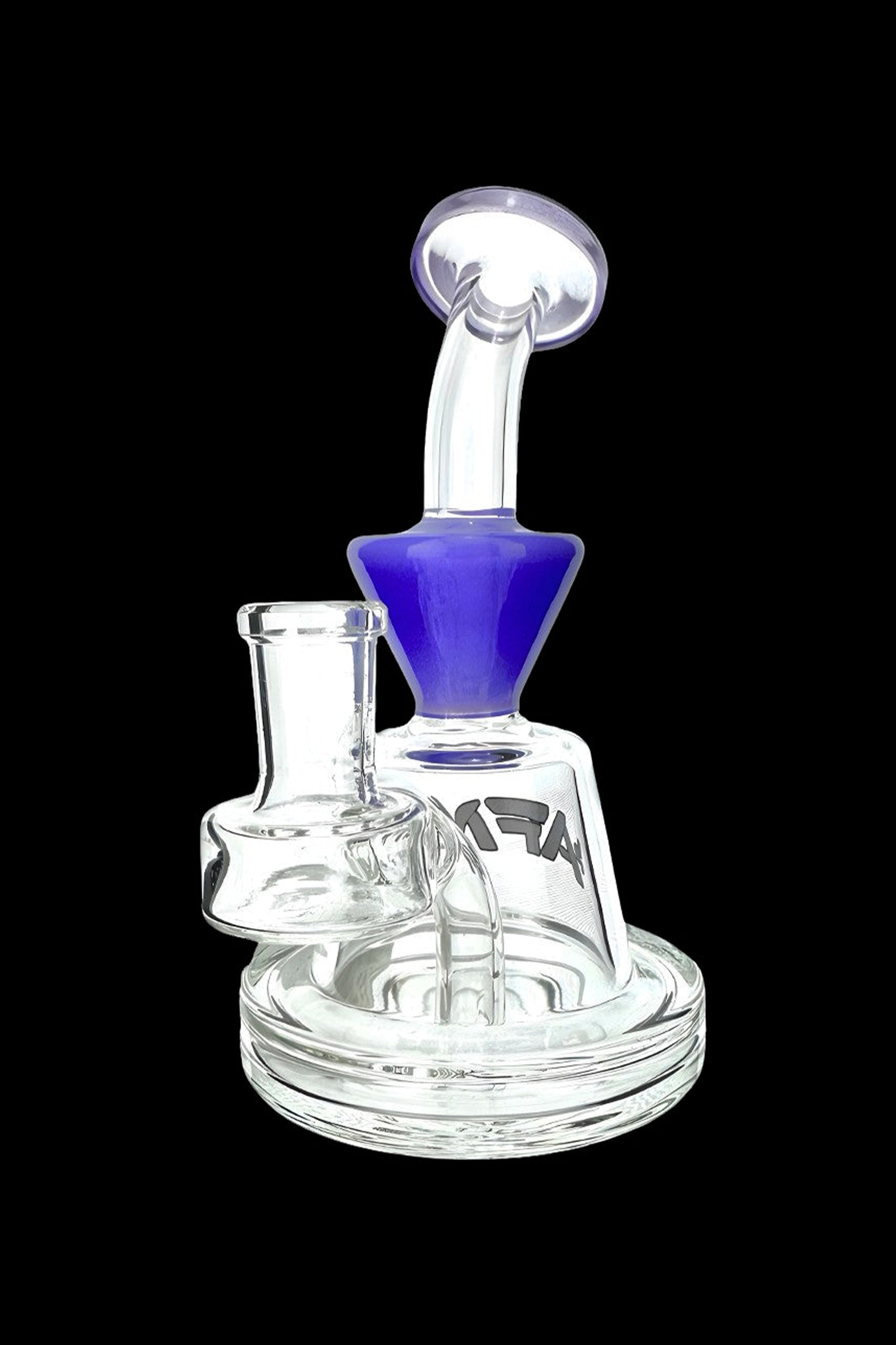 Clear glass water pipe (rig) with blue accents, featuring a percolator and mouthpiece.