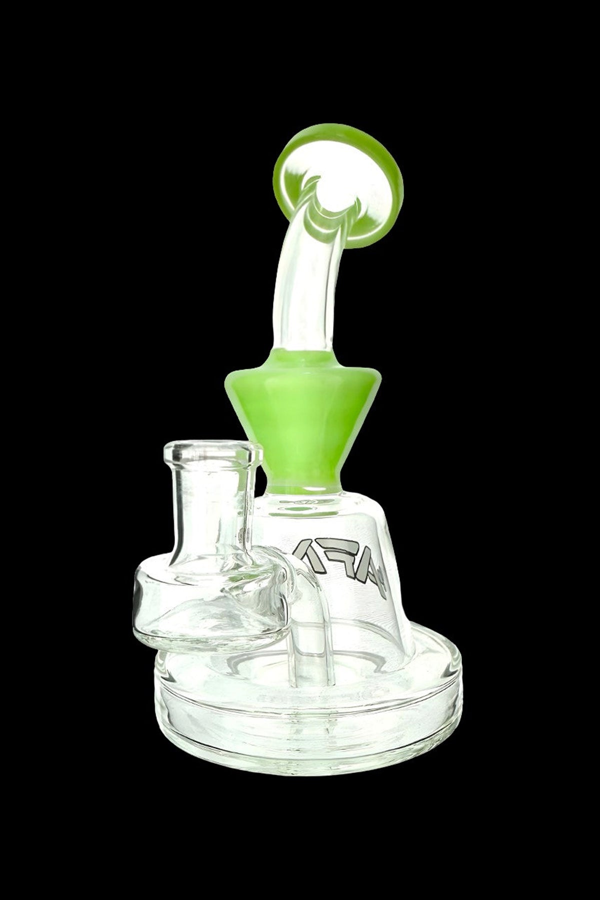 Green and clear glass dab rig with intricate design.