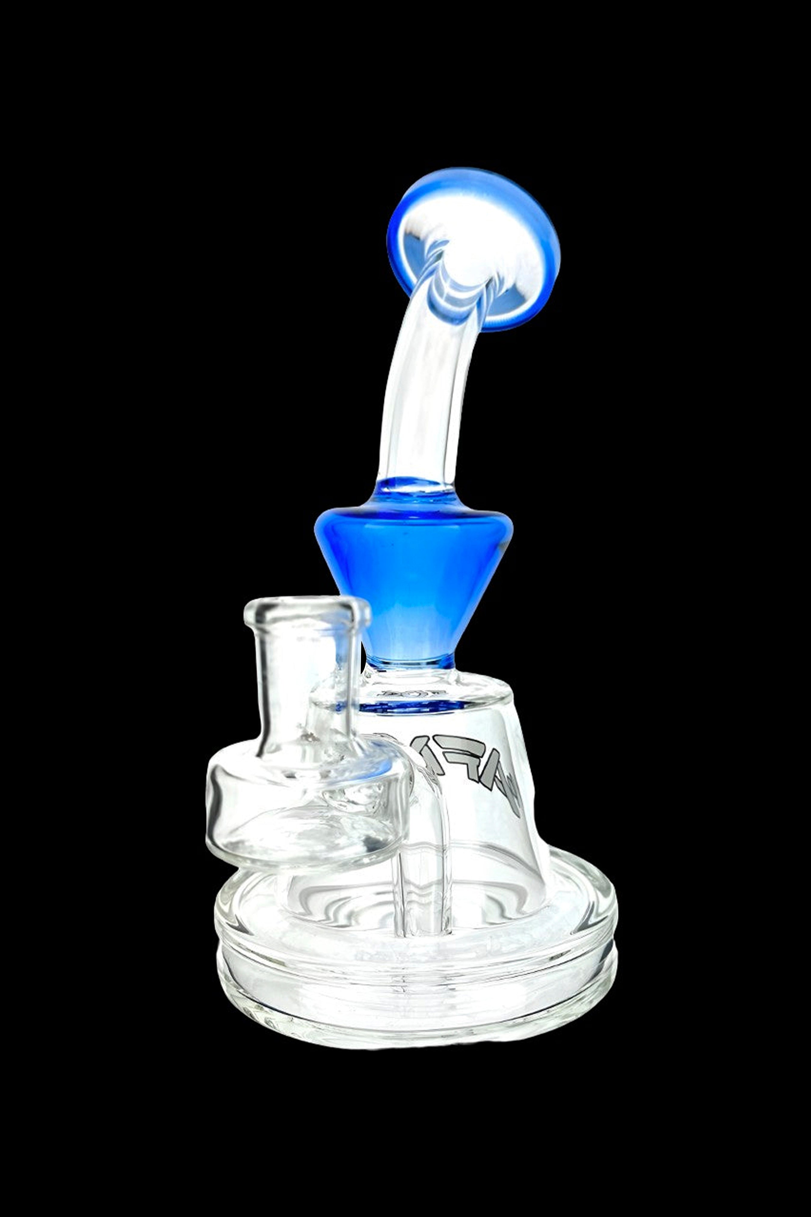 Clear glass dab rig with blue accents, featuring a complex percolator and mouthpiece.