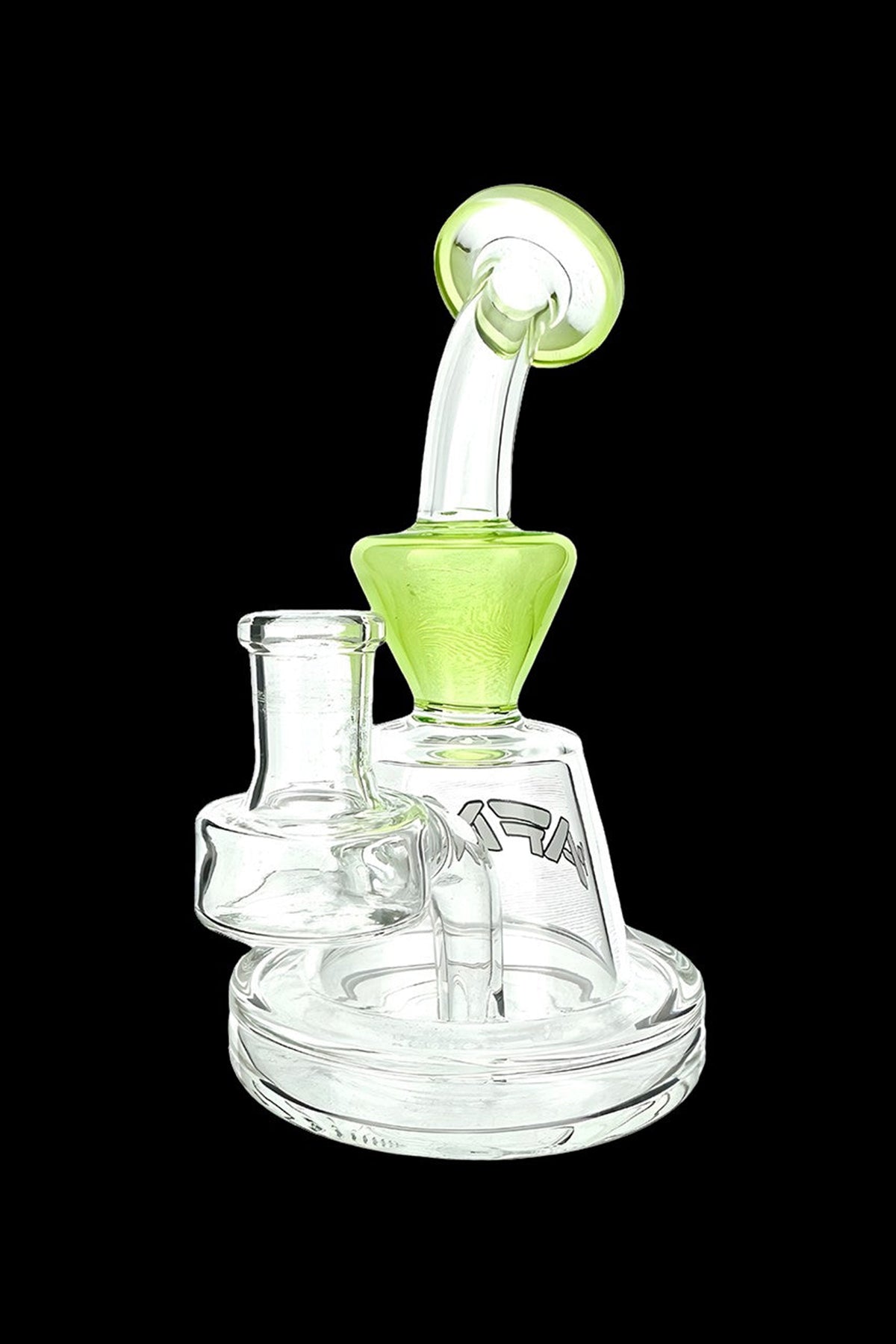 Lime green glass dab rig with intricate swirling design and mouthpiece.