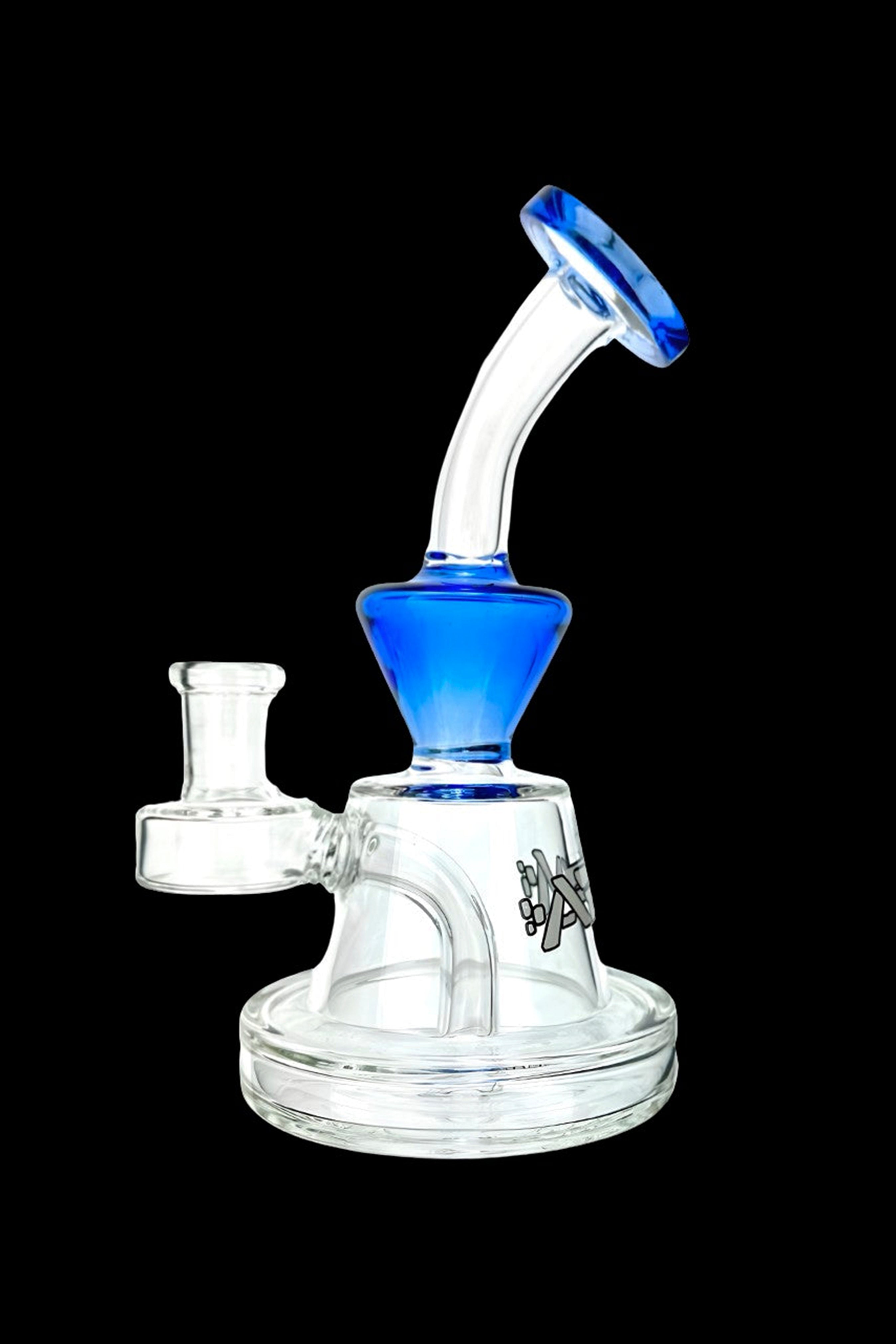 Clear glass rig with blue accents, used for vaporizing concentrates.
