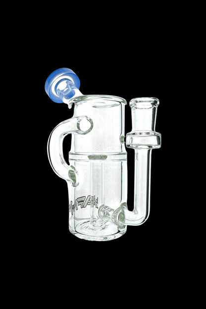 Clear glass water pipe with blue accents and intricate bubbling design.