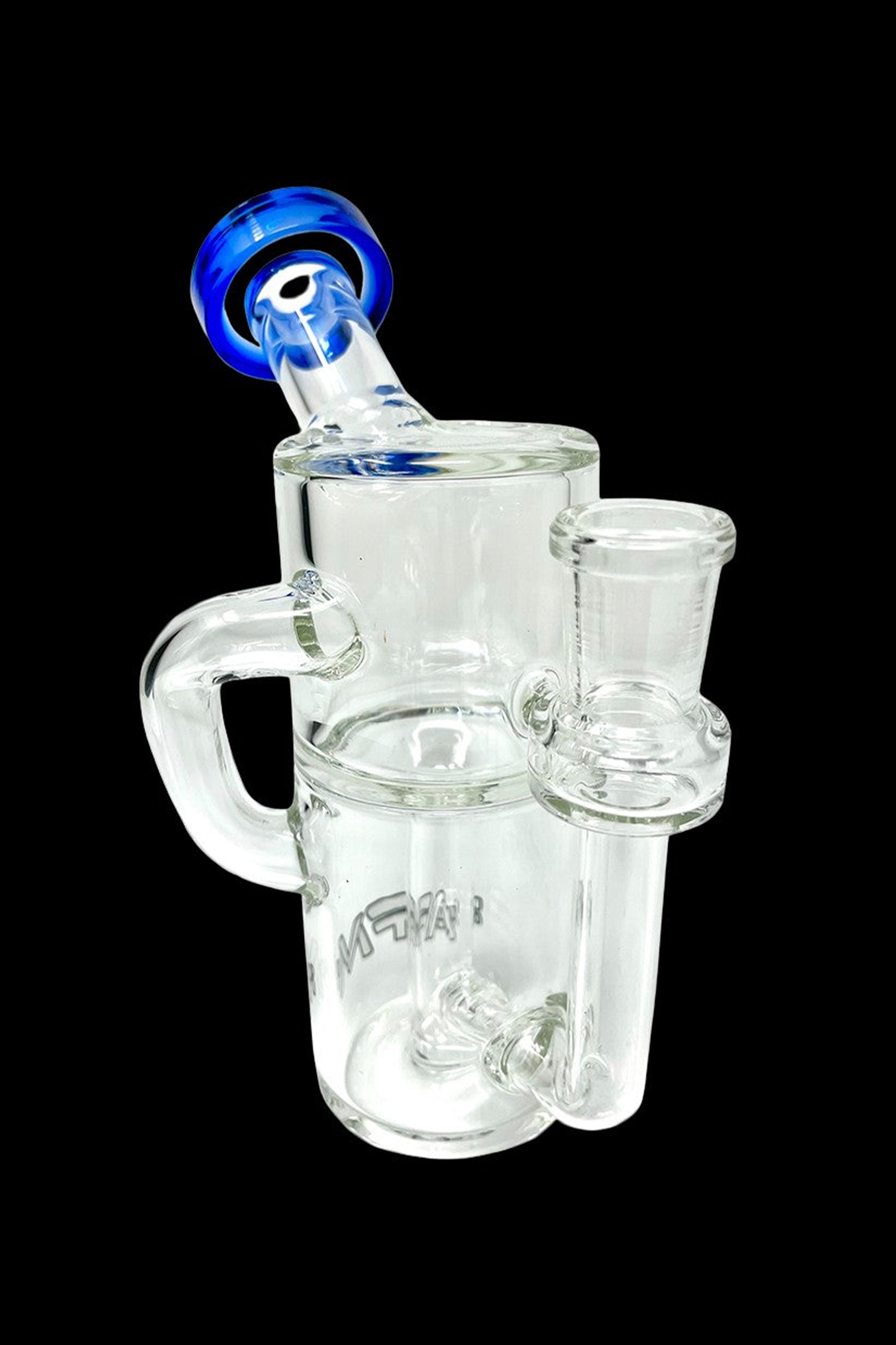 Clear glass bubbler water pipe with blue accents.