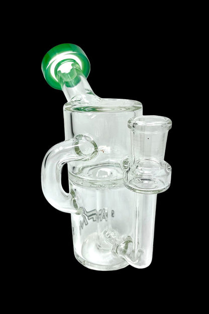 Clear glass bubbler with green mouthpiece, featuring intricate glasswork and a side-mounted bowl.