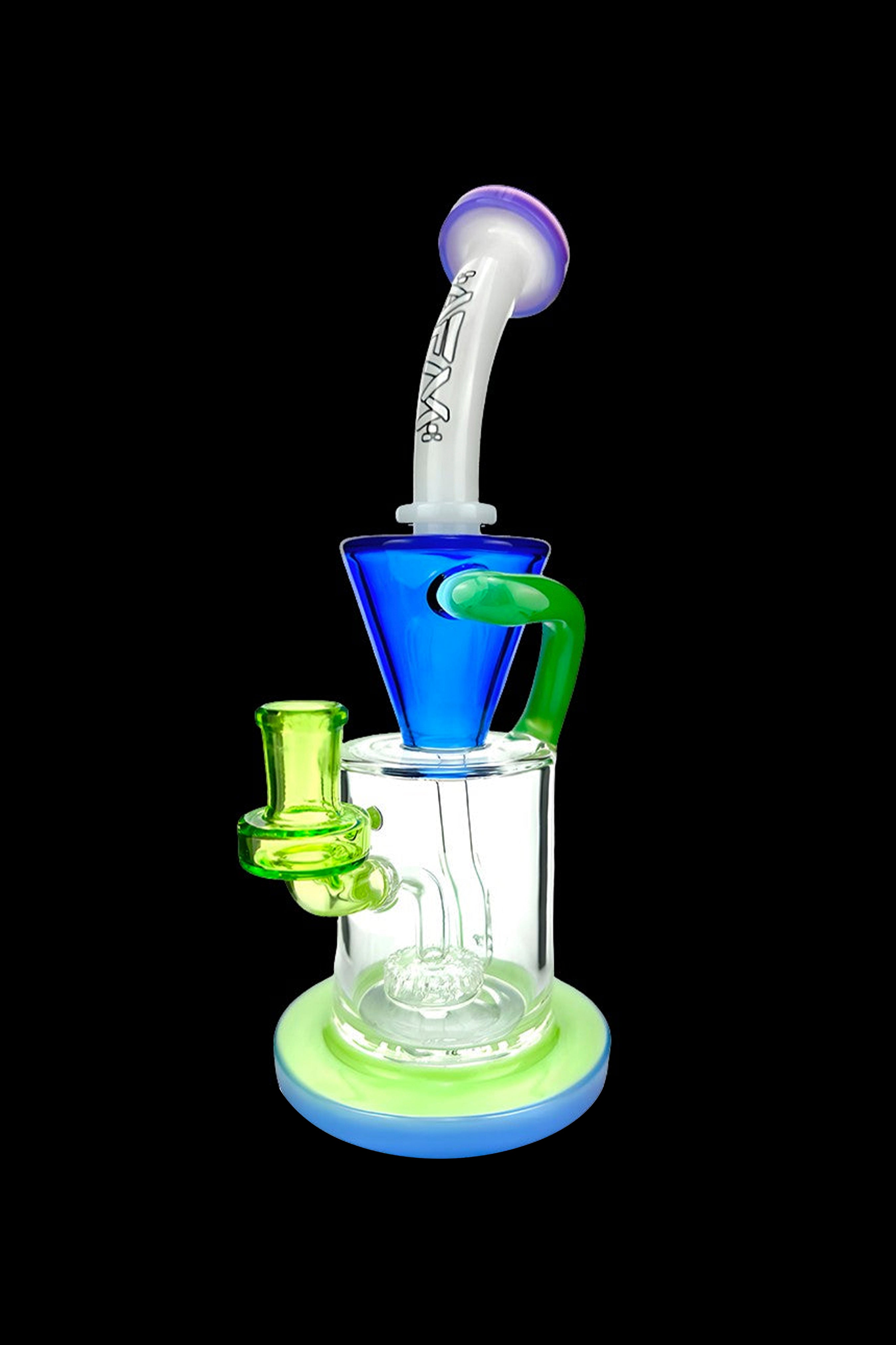 Colorful glass water pipe (rig) with a perc diffuser and green mouthpiece.