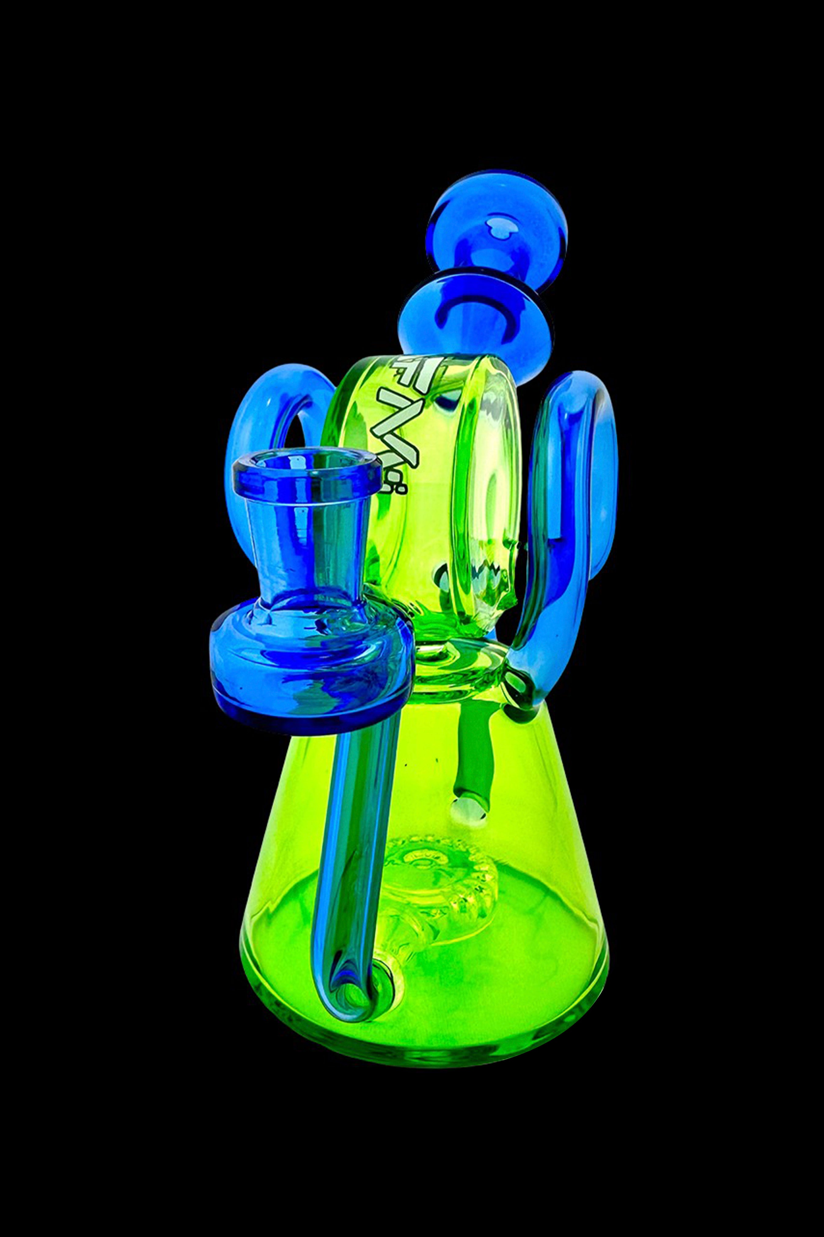 A colorful glass water pipe (bong) with blue and green hues, featuring looped handles and a flared base.