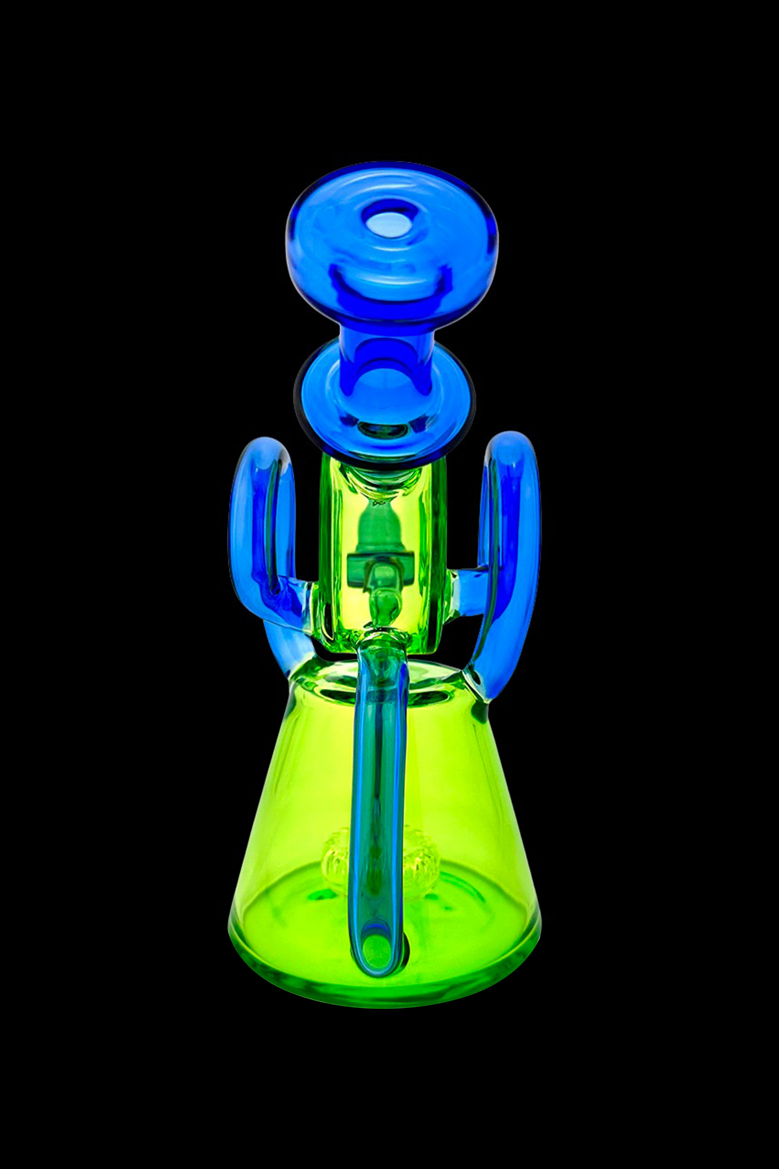 Green and blue glass water pipe (rig) against a black background.