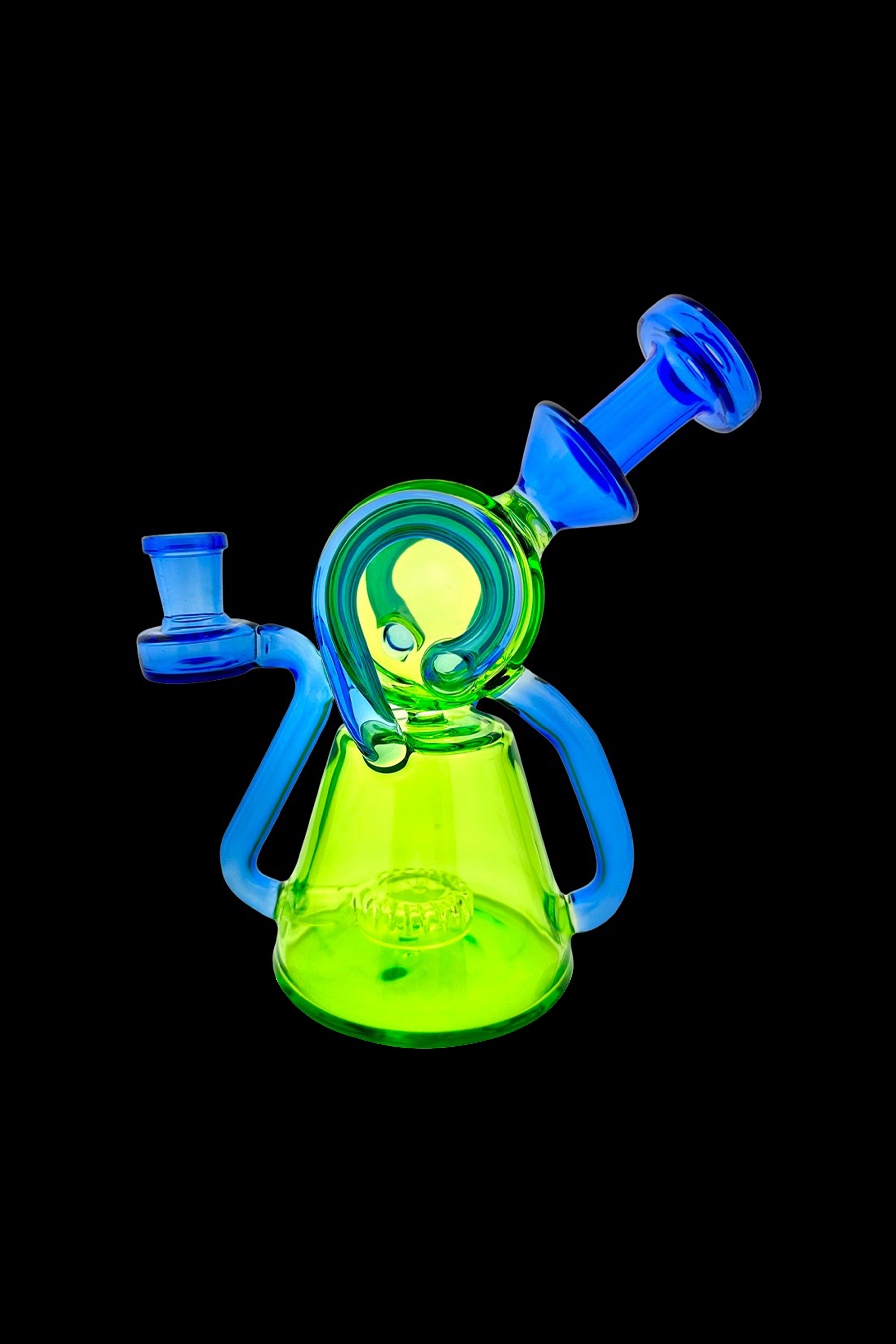 Green and blue glass water pipe (rig) isolated on a black background.