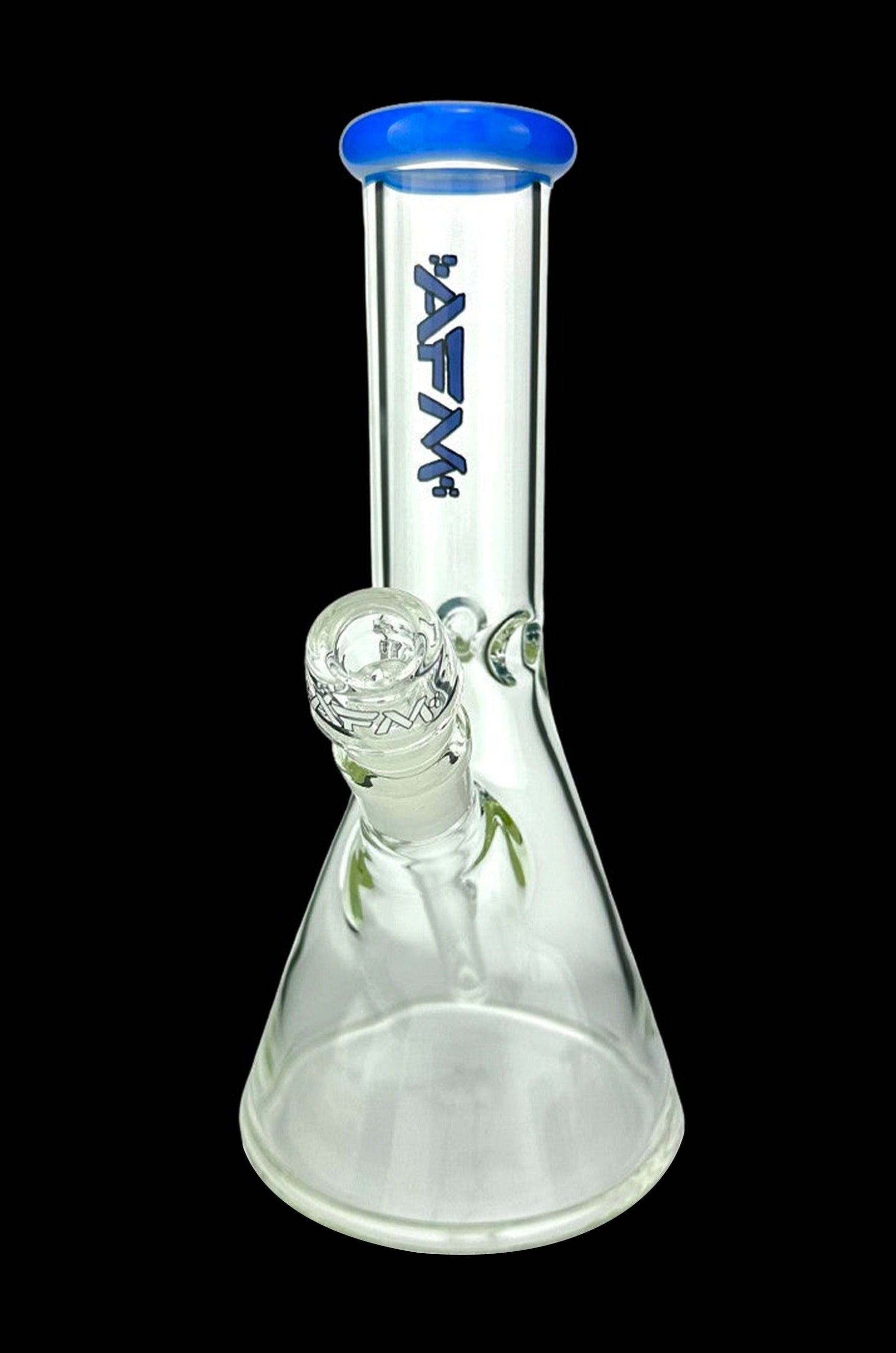 Glass bong with blue accents and intricate detailing.