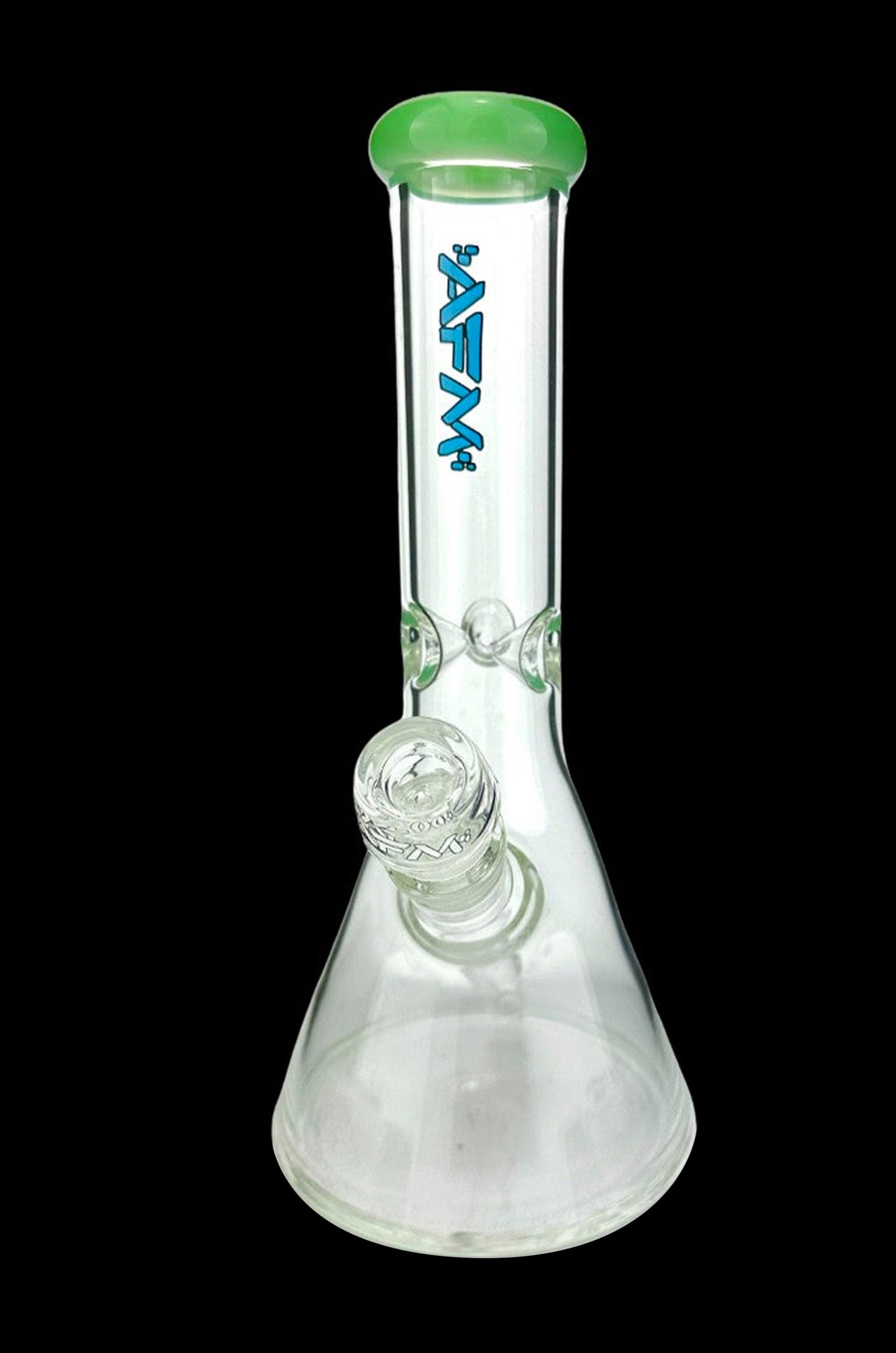 Clear glass bong with a flared base and green accents, featuring a percolator.