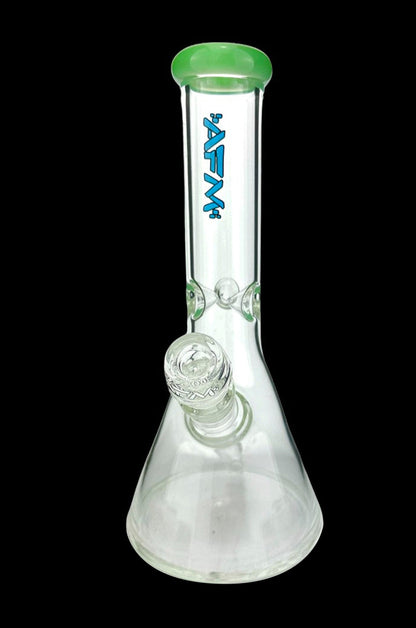 Clear glass bong with a flared base and green accents, featuring a percolator.