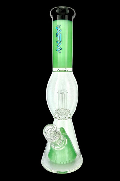 Green glass water pipe (bong) with intricate percolator chamber.