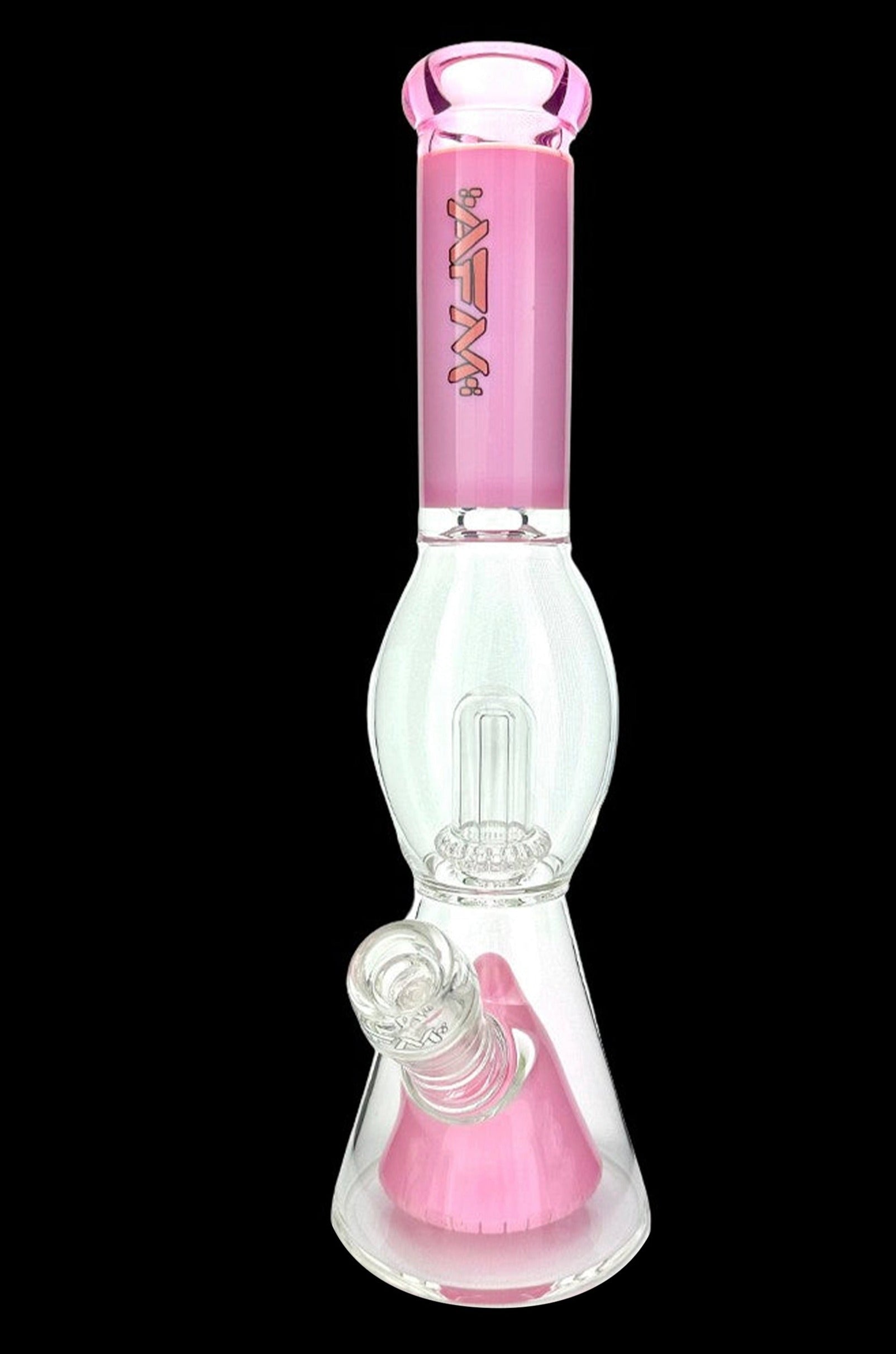 Pink glass water pipe (bong) with intricate bubbler design.