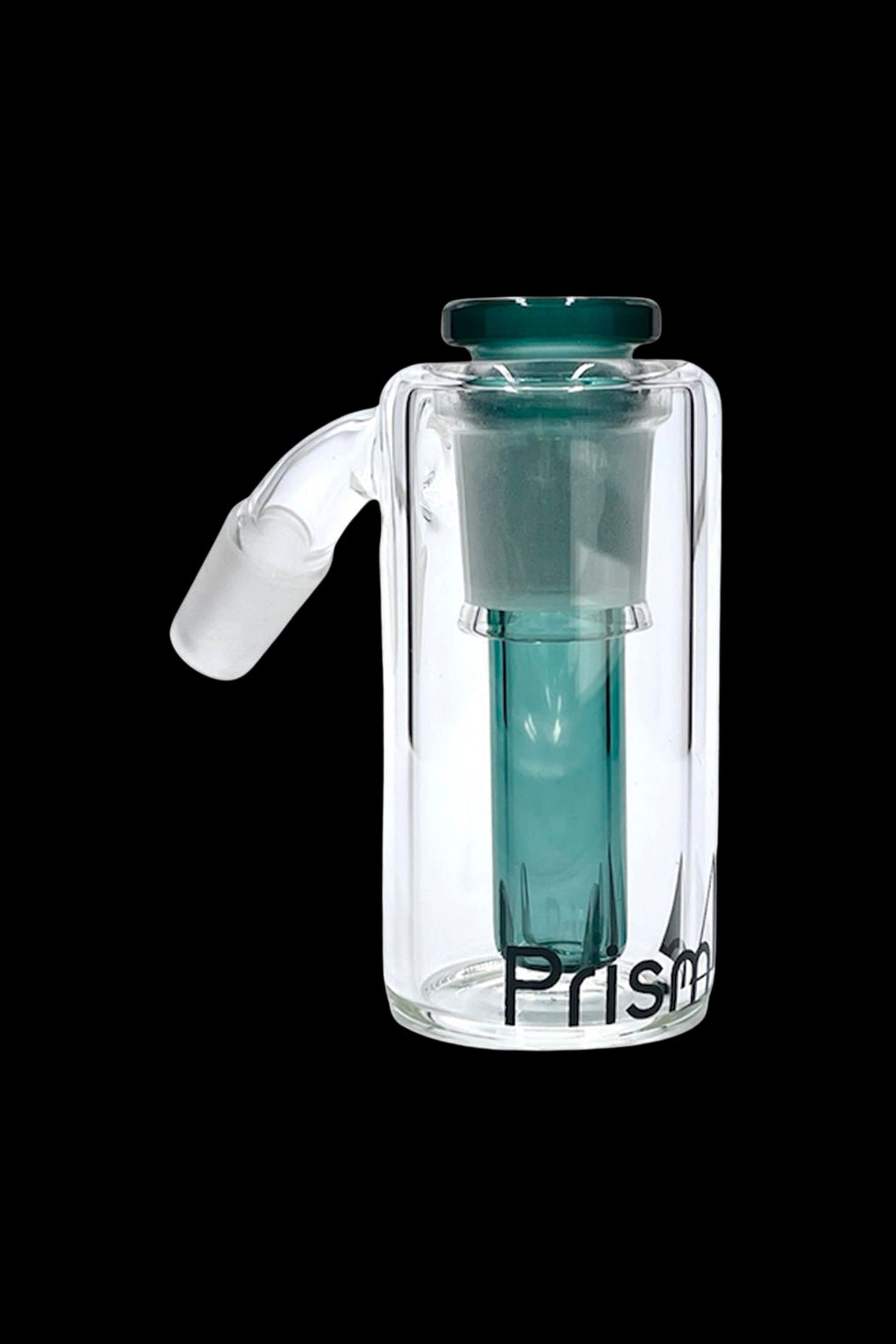 Clear glass bubbler with teal accents and a removable bowl, branded “Prism”.