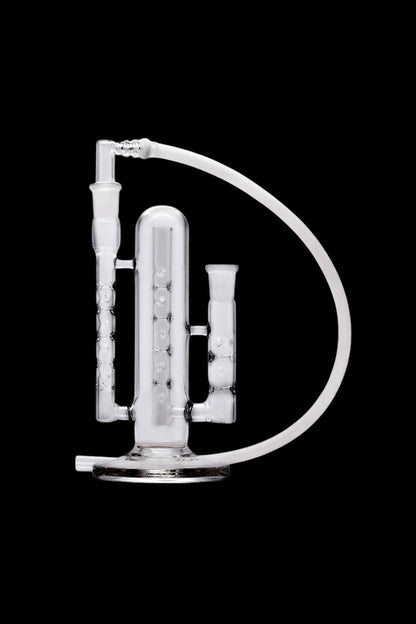 Clear glass bubbler water pipe with intricate percolator design, isolated on black.