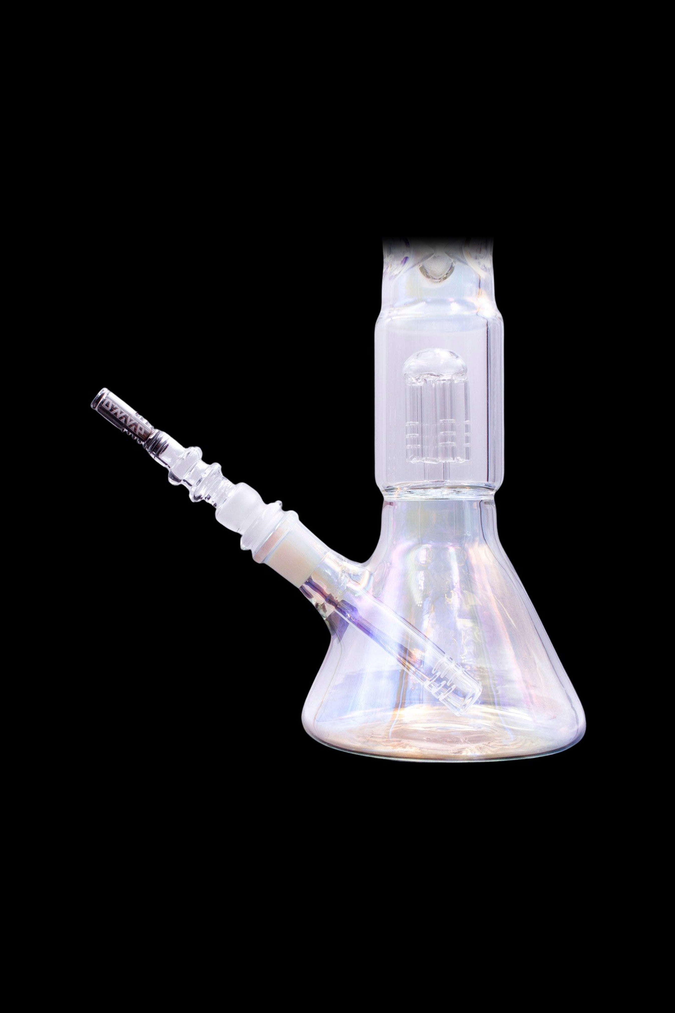 Iridescent glass bong with a detachable downstem, isolated on a black background.