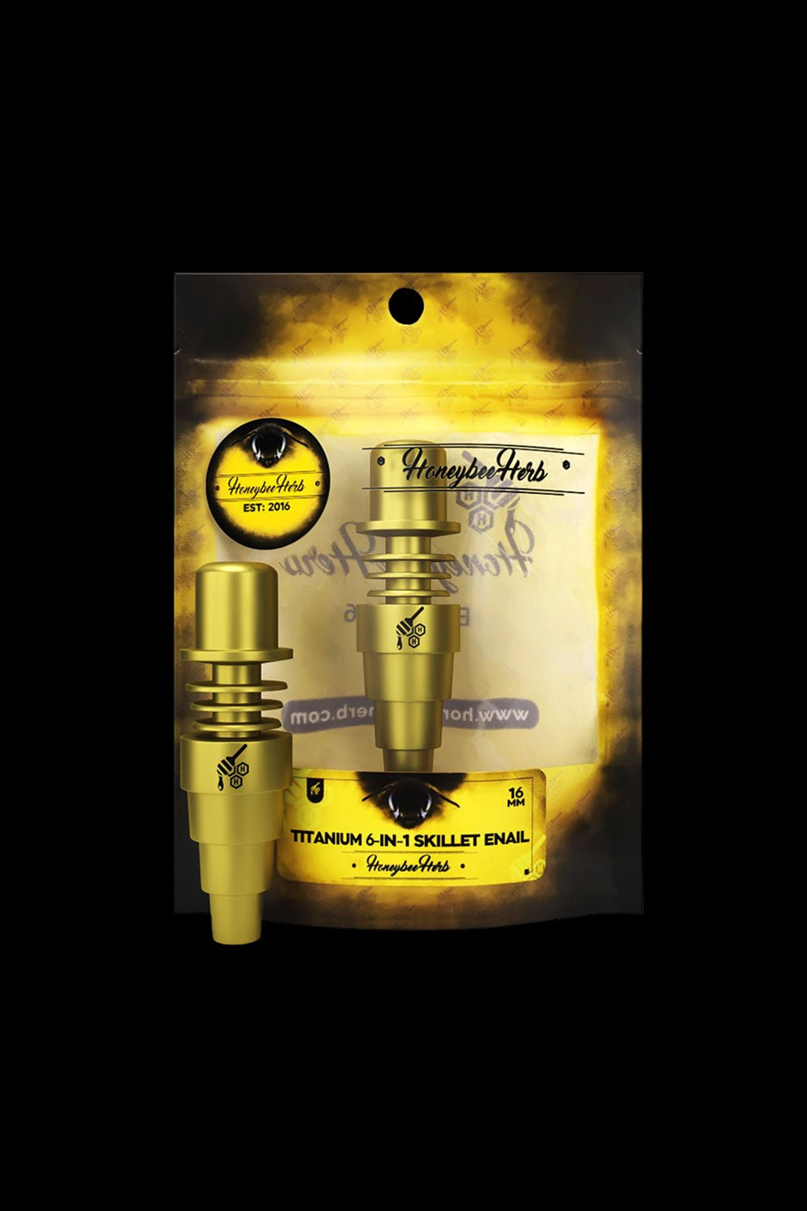 Gold packaging displaying a set of cannabis concentrate vaporization tools (enails) from HoneyBee Herb, labeled "Titanium 6-in-1 Skillet Enail."