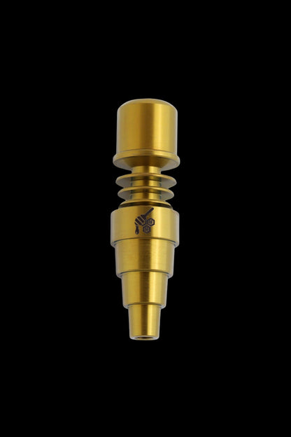 Gold titanium e-nail with etched design on black background.