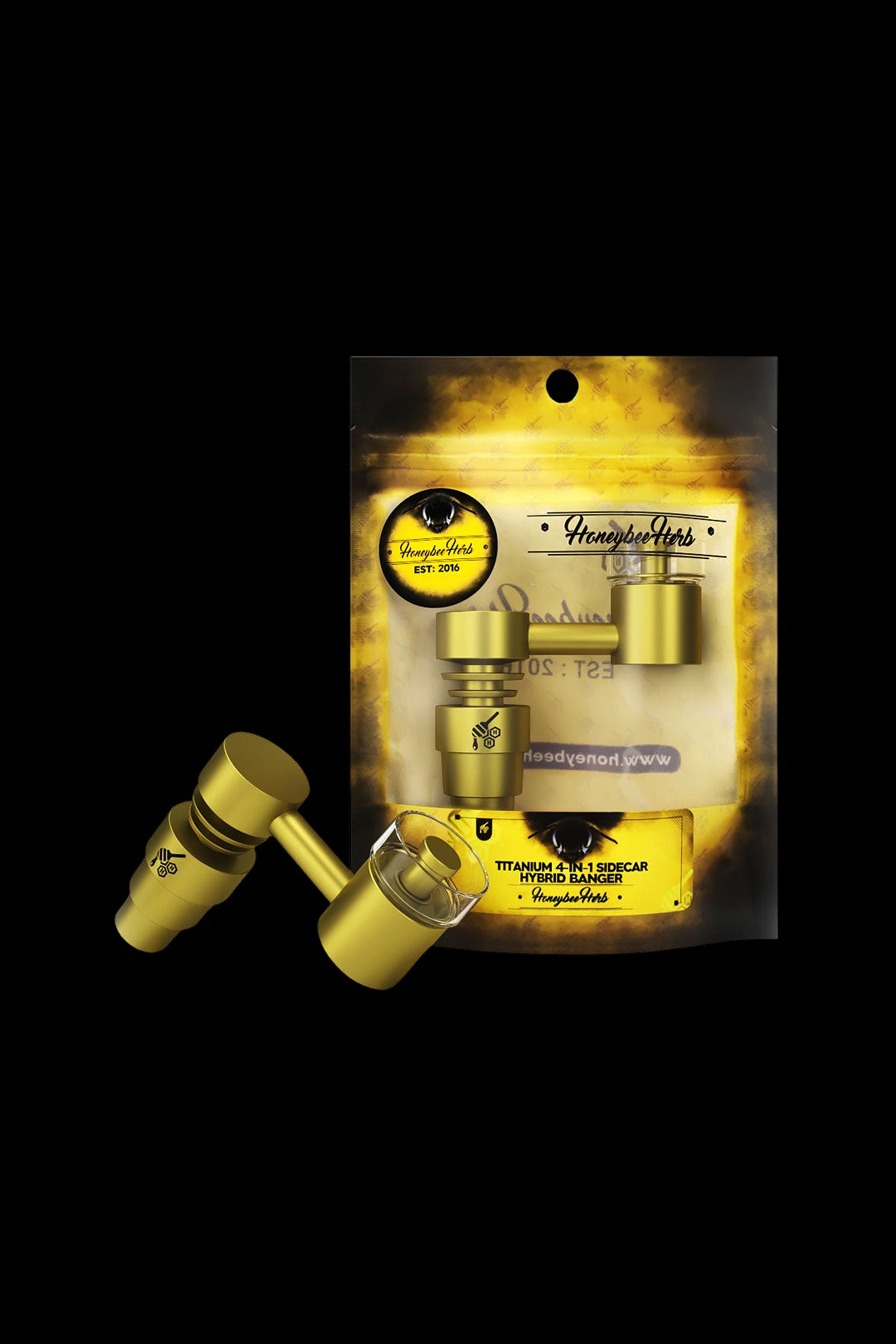 Gold packaging displaying titanium cannabis dab rig accessories, including nails and caps, branded with "Honeybee Herb."
