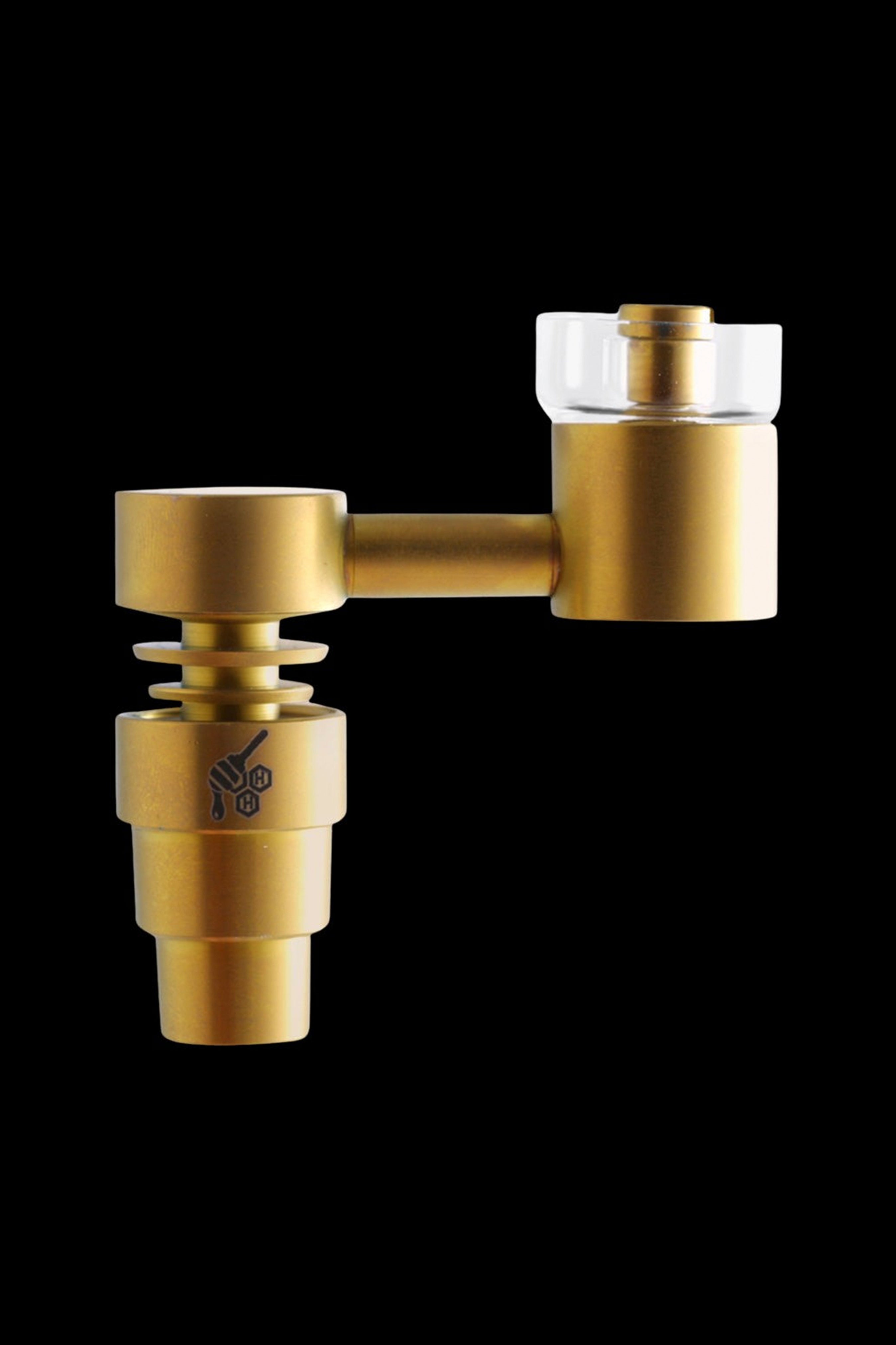 Gold cannabis concentrate vaporizer coil with a branded logo.