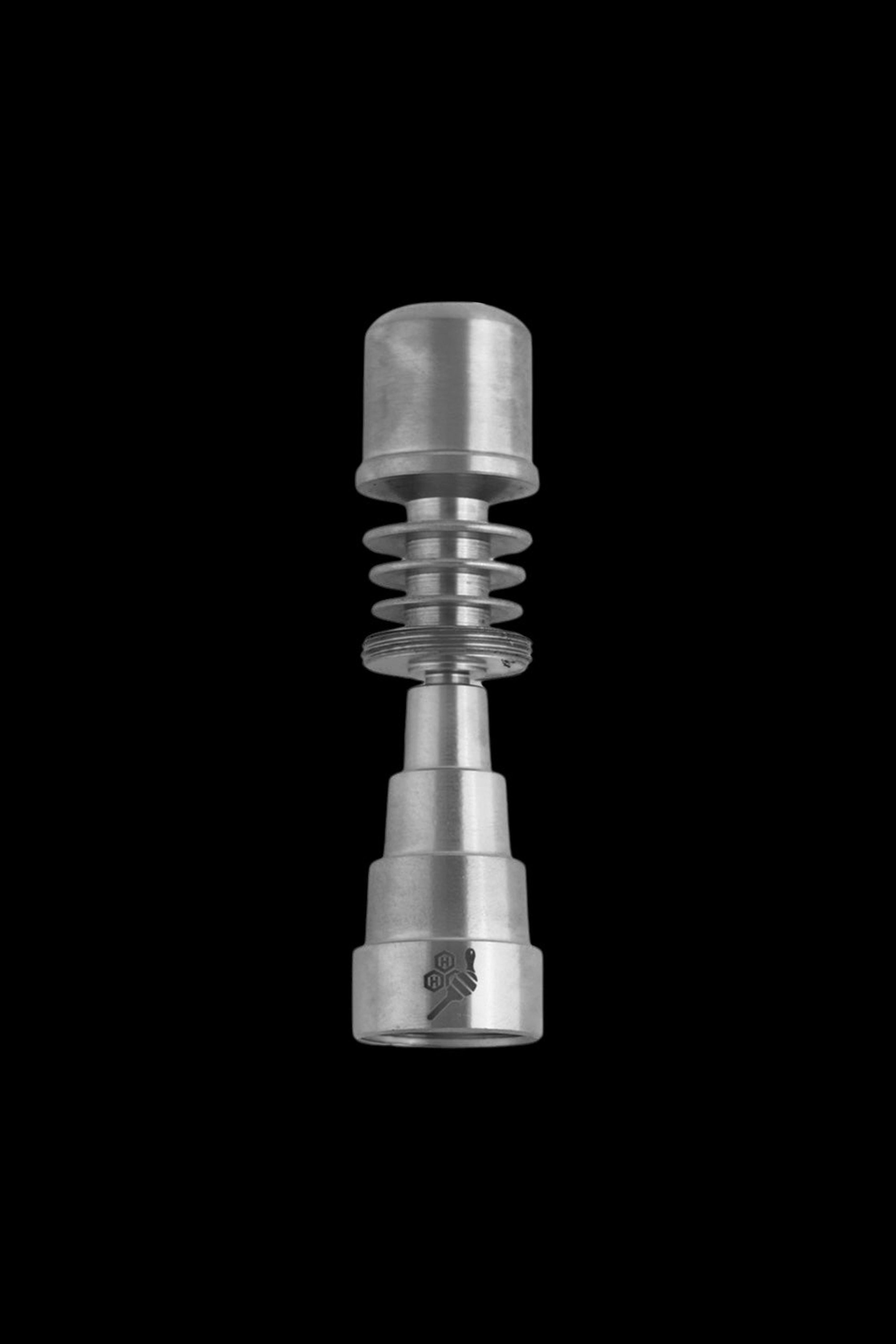Silver titanium e-nail for vaporizing cannabis concentrates, displayed against a black background.