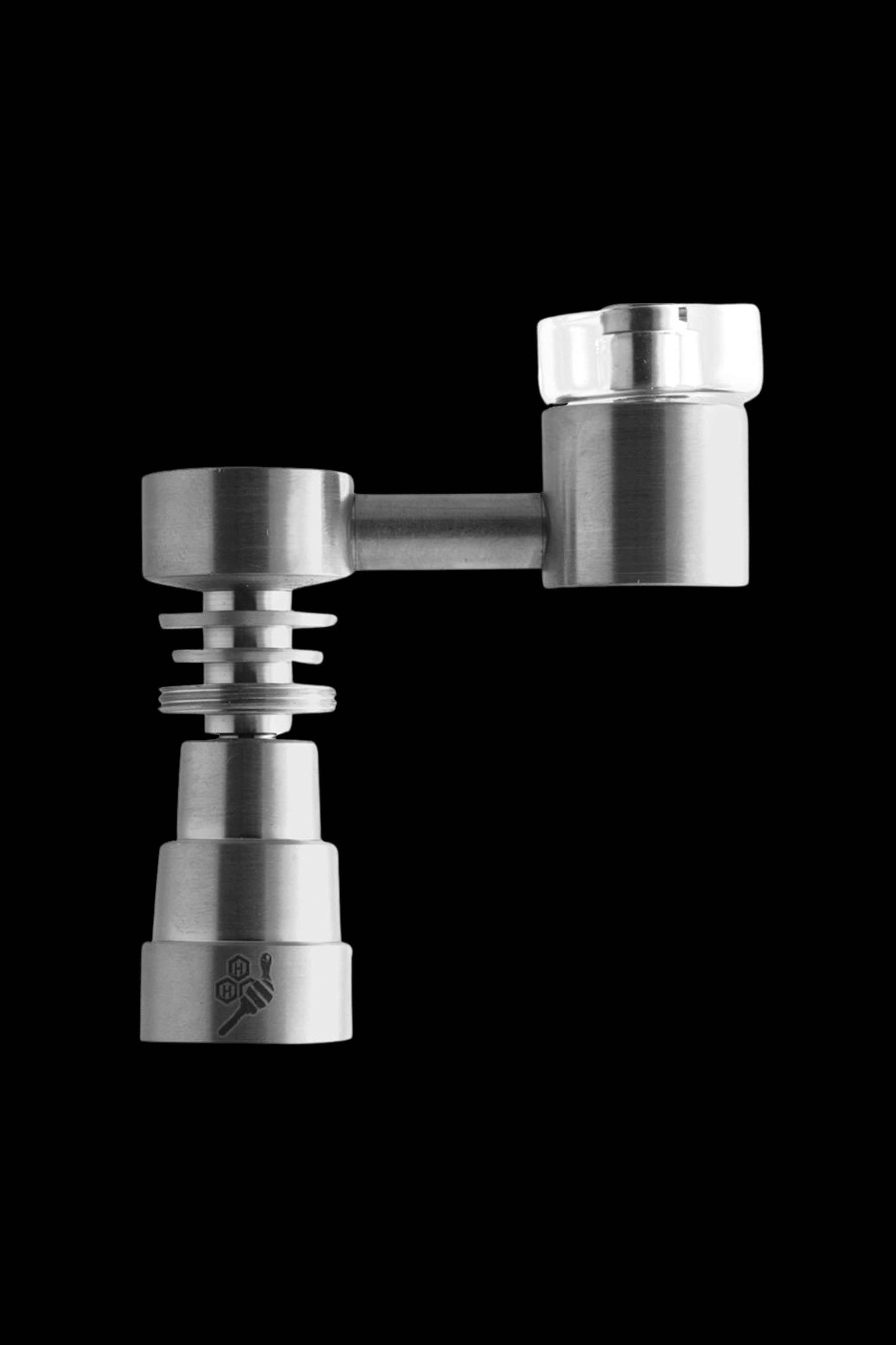 Silver dab rig with a bent neck and tiered joint connection, against a black background.