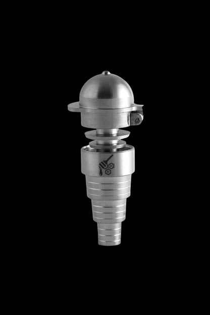 Silver cannabis oil burner/dab nail with a domed cap, isolated on a black background.