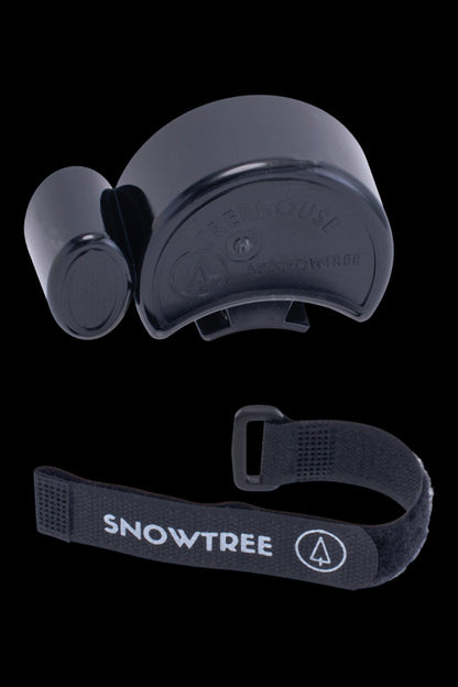 Black Snowtree vaporizer with adjustable head strap, designed for discreet cannabis consumption."