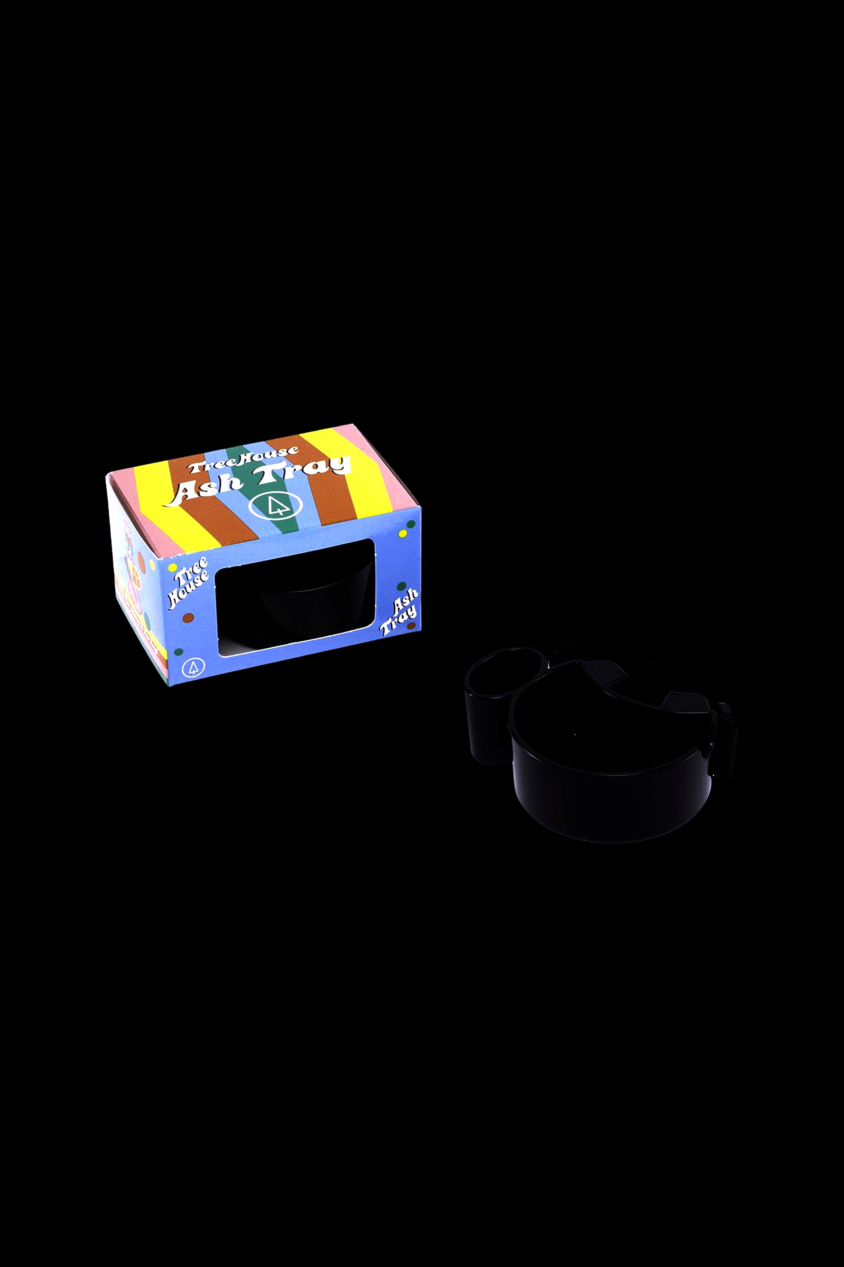 Black cannabis ashtray with a colorful branded box.