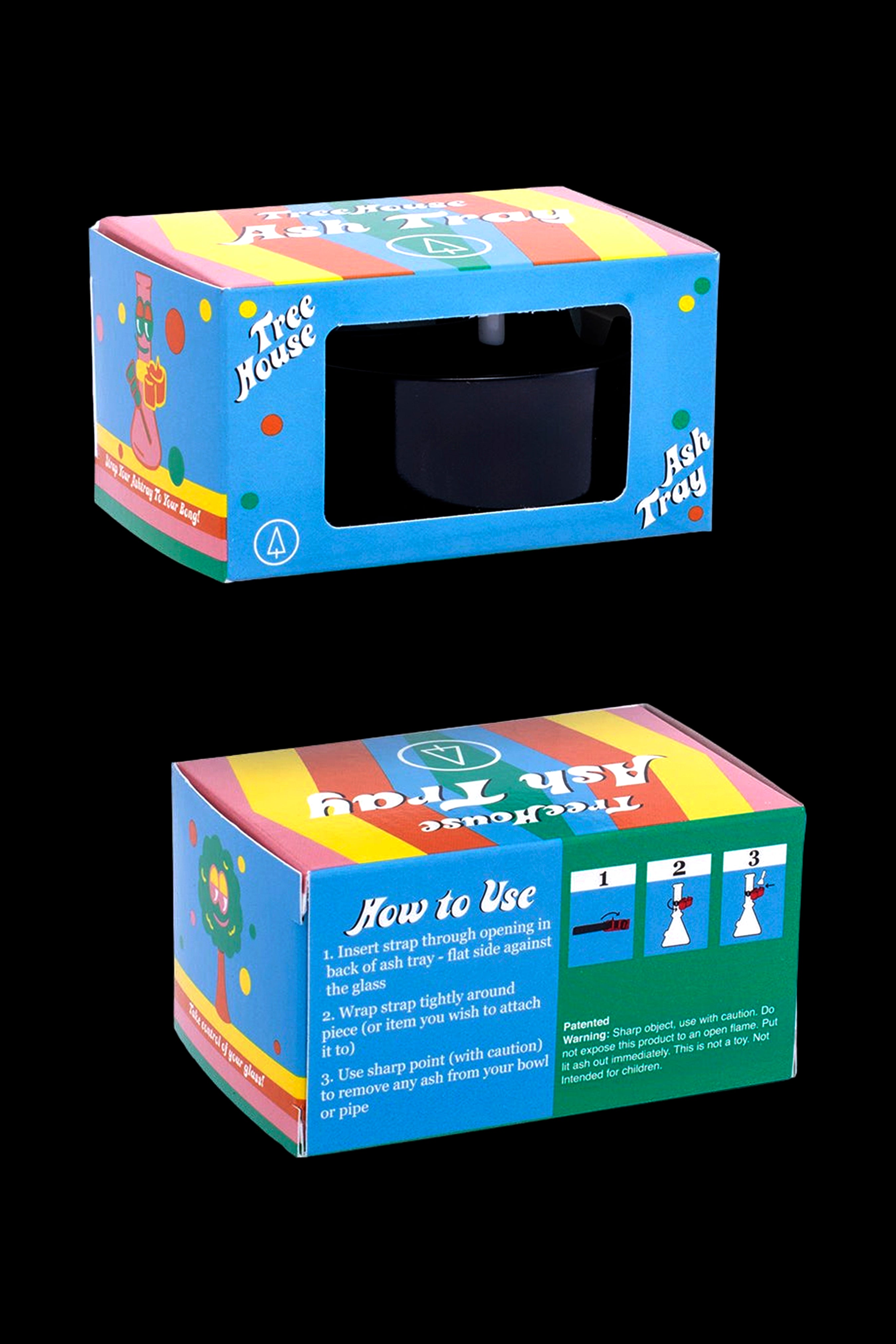 Colorful retail packaging for a “Tree House” rolling tray with instructions for use and a warning about sharp objects.