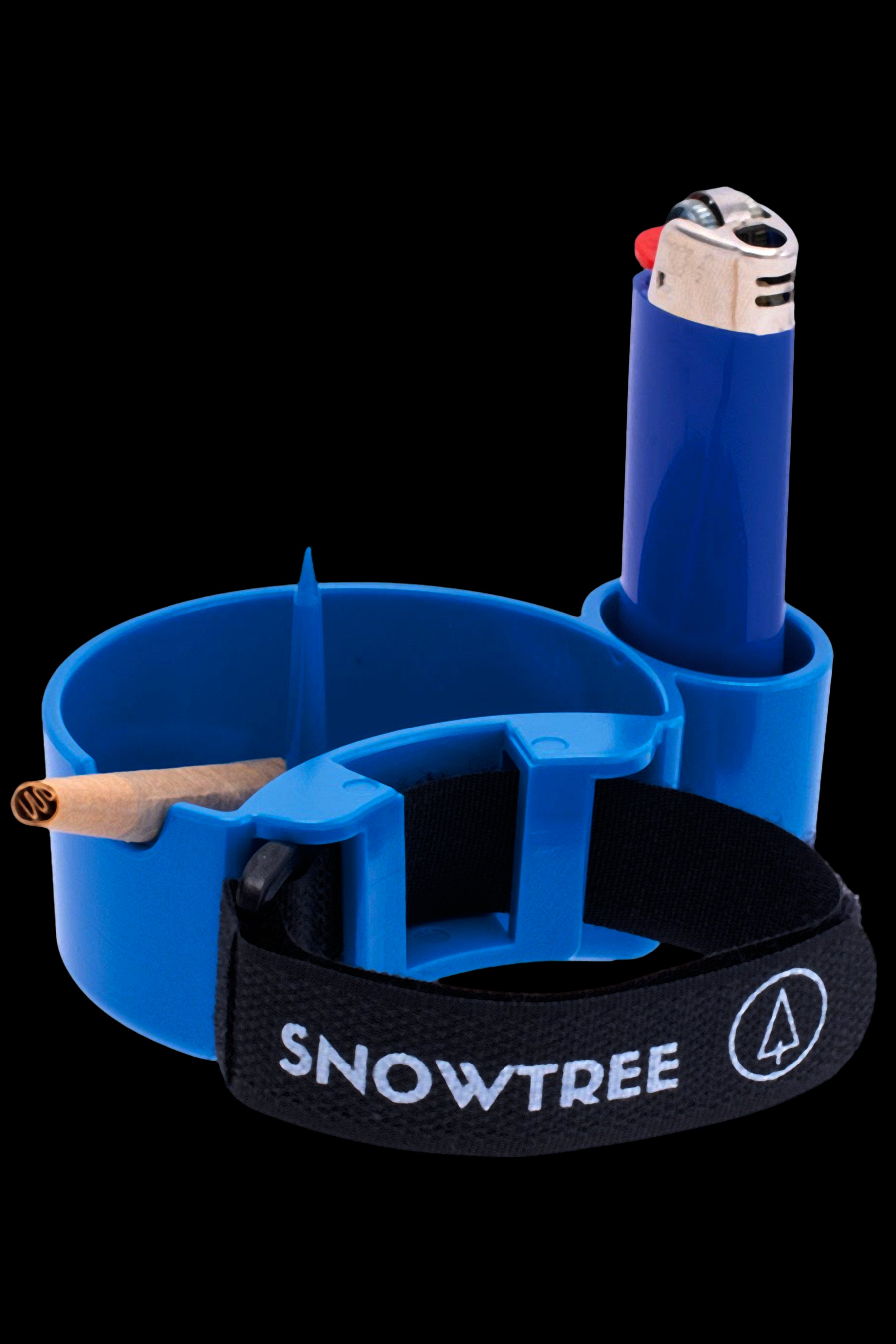 Blue cannabis smoking kit with a rolling paper and lighter, branded “SNOWTREE.”"