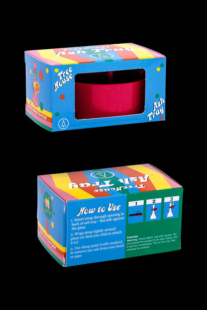 Colorful retail packaging for a "Tree House" branded cannabis ashtray, displaying instructions for securing it to a smoking device.