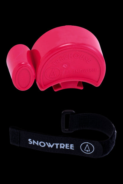 Bright red silicone cannabis concentrate container with a black silicone strap and Snowtree branding.