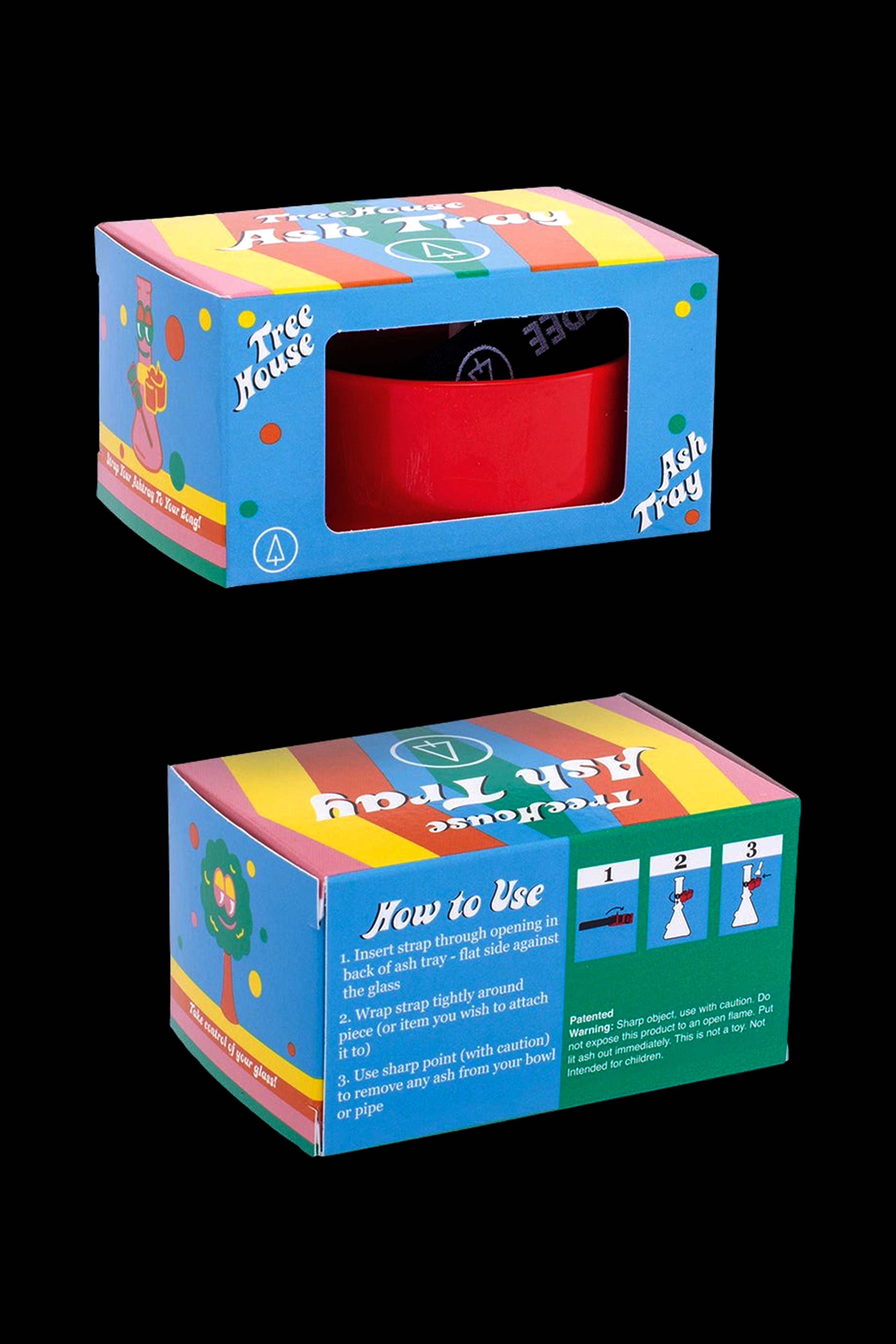 Close-up of a colorful, cartoon-decorated box for a “Tree House” ashtray with instructions on how to clean a bowl.