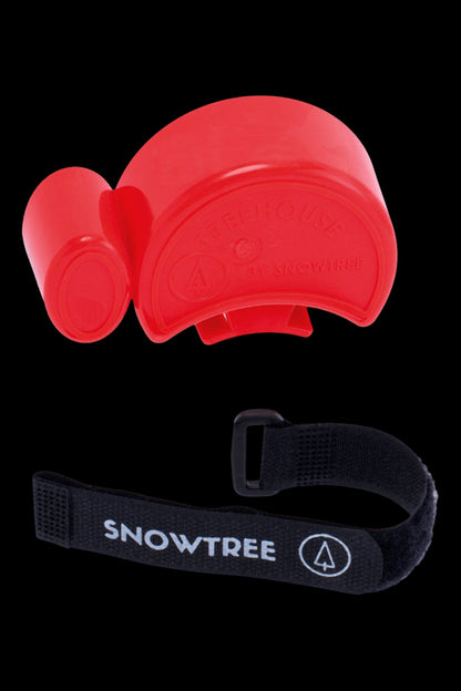 Red silicone container with a black strap, branded "SNOWTREE" with a triangular logo, likely for cannabis storage.